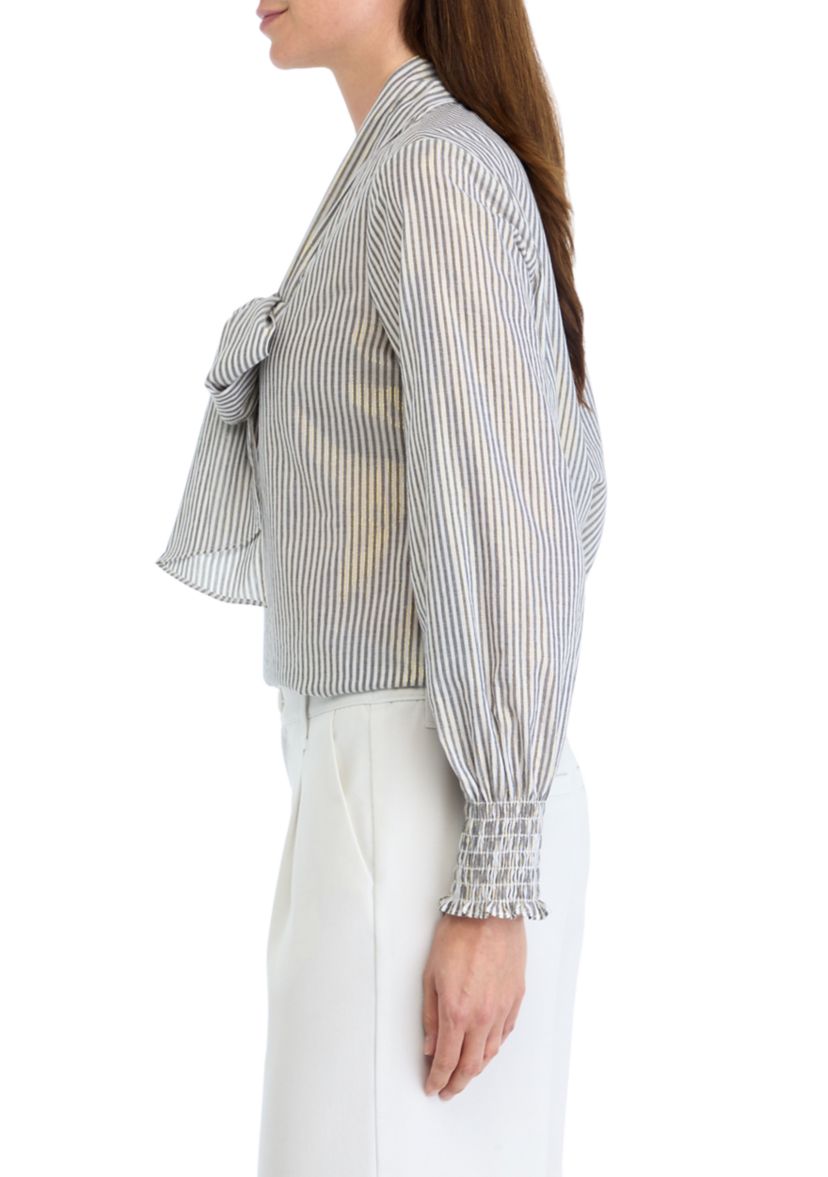 Womens Long Sleeve Smocked Cuff Bow Blouse
