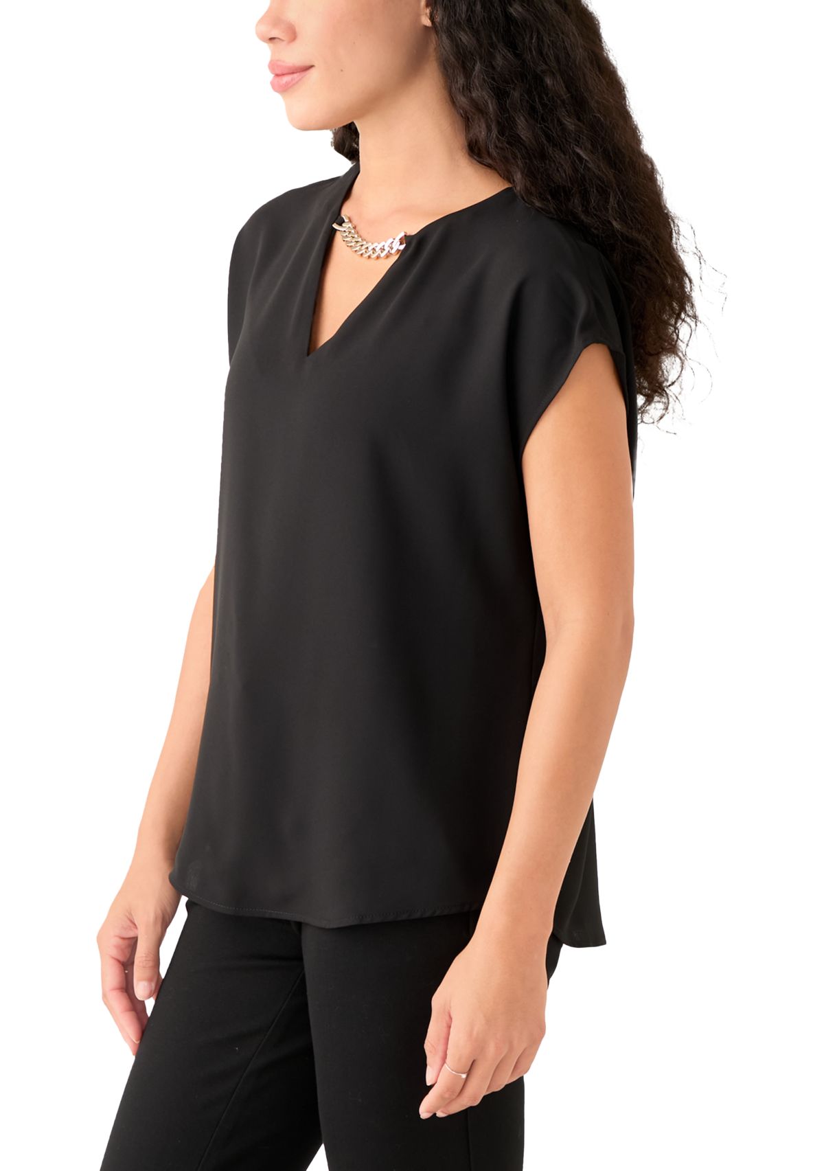 Petite Short Sleeve Split Neck Blouse