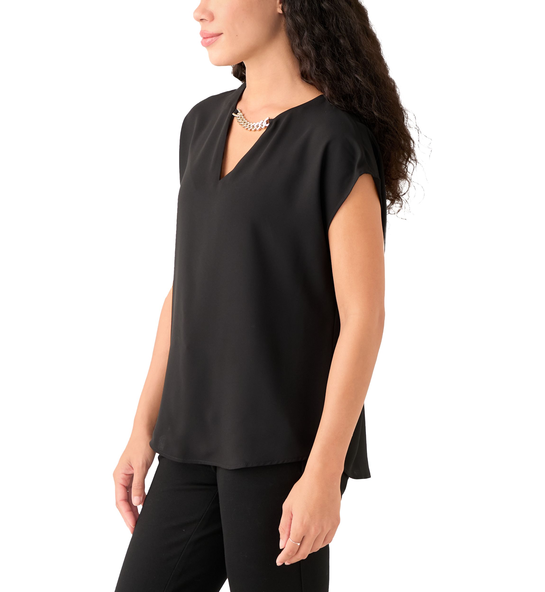 Petite Short Sleeve Split Neck Blouse