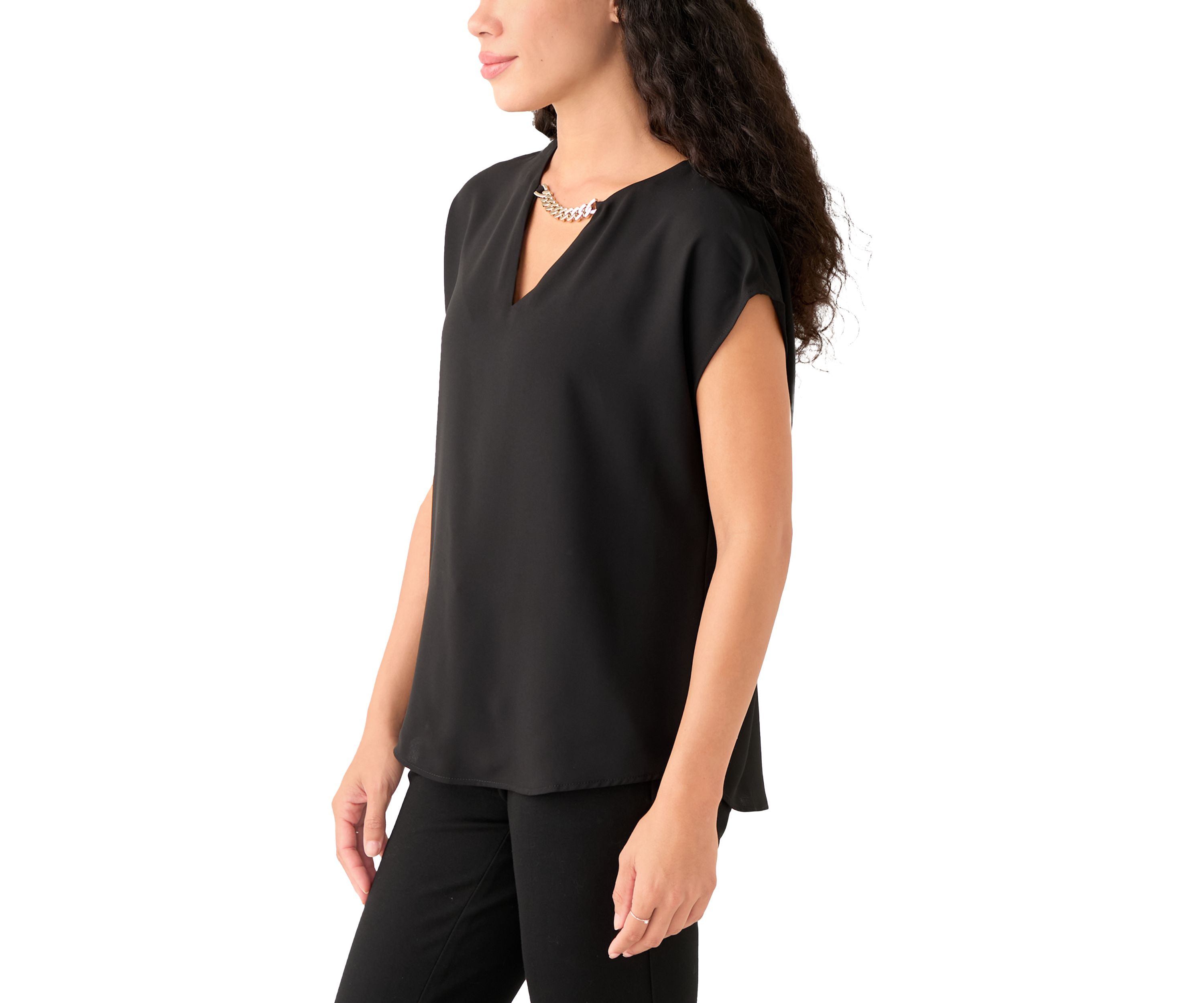Petite Short Sleeve Split Neck Blouse