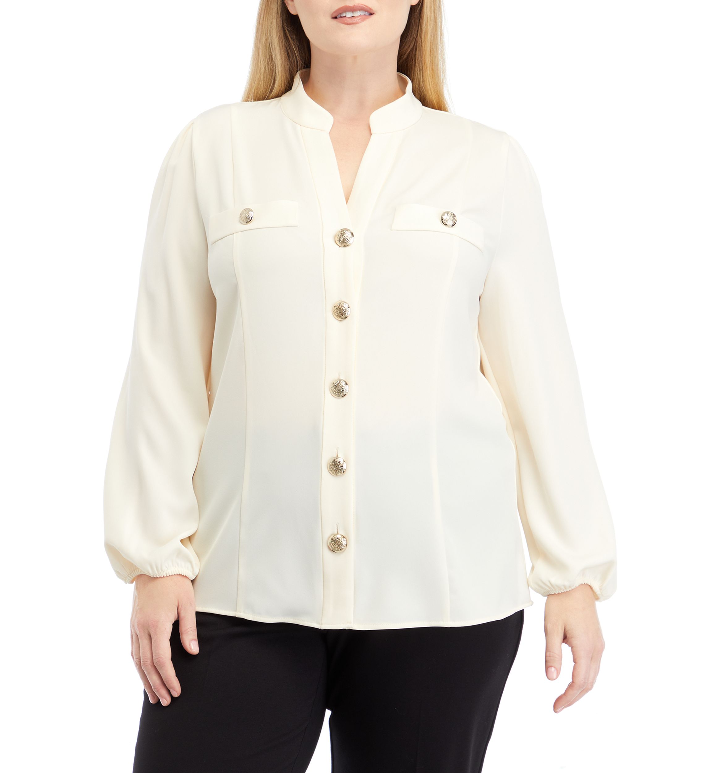 Plus Size High Neck Button Front Blouse with Long Sleeve 