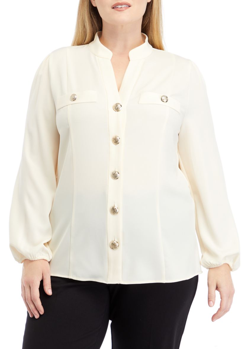 Plus Size High Neck Button Front Blouse with Long Sleeve 