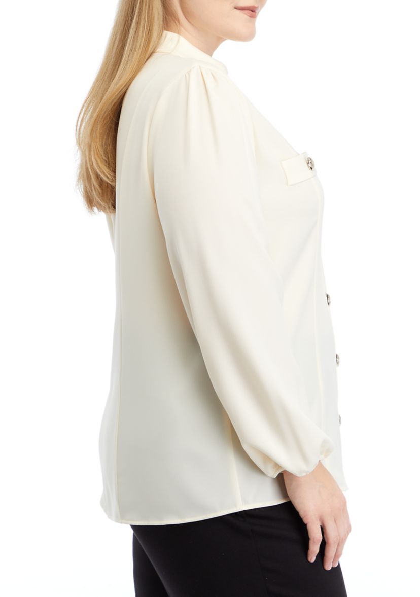 Plus Size High Neck Button Front Blouse with Long Sleeve 