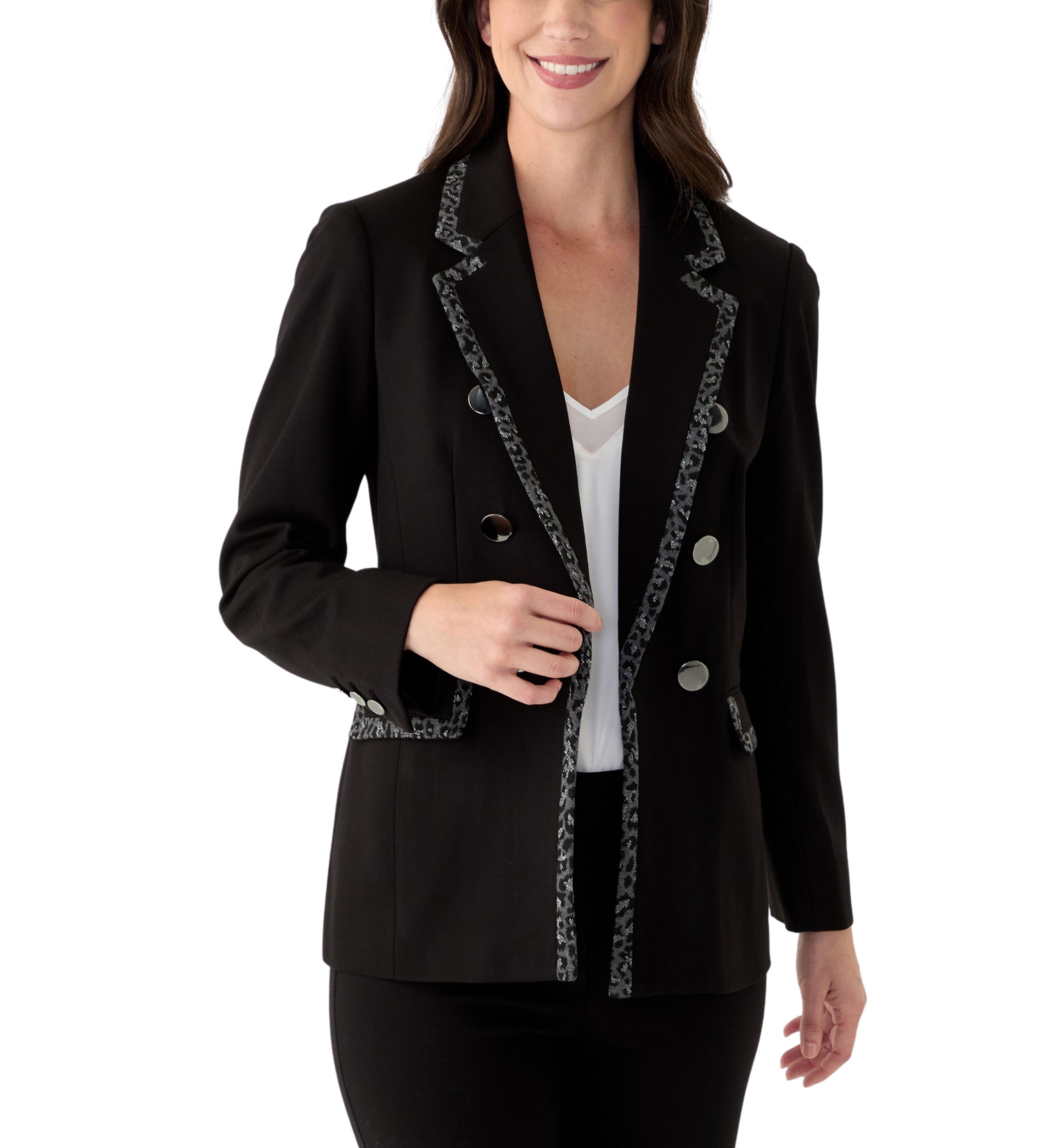 Womens Long Sleeve Leopard Print Trim Blazer