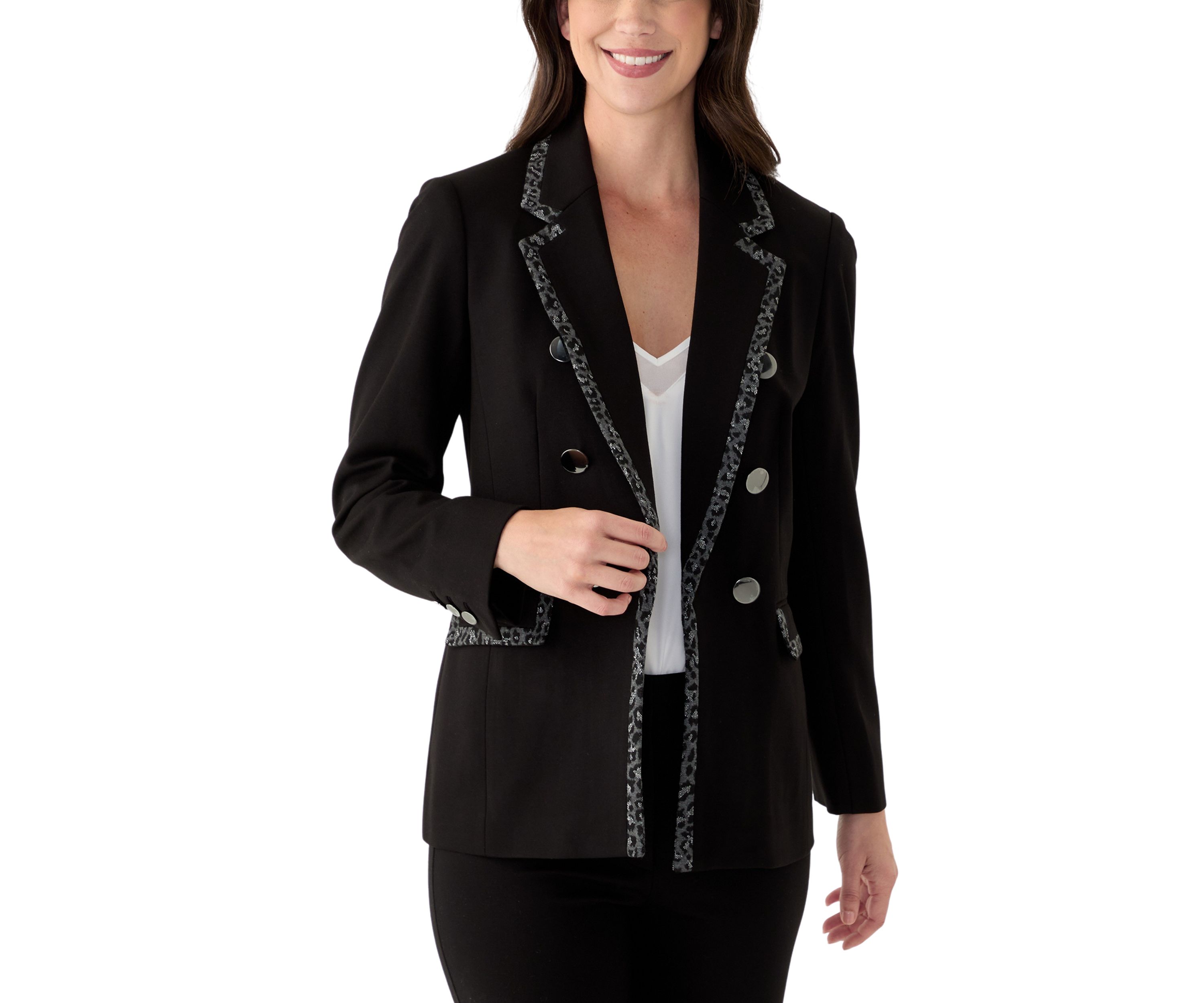 Womens Long Sleeve Leopard Print Trim Blazer