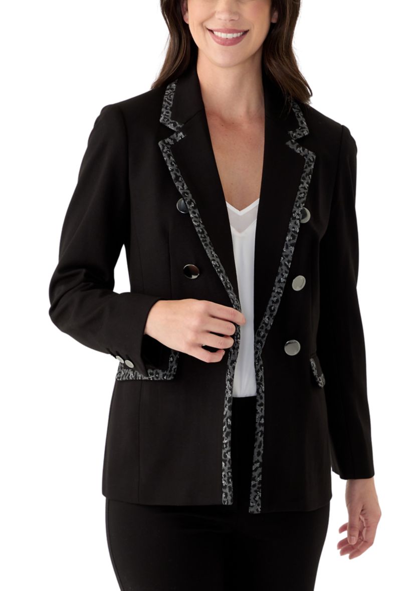 Womens Long Sleeve Leopard Print Trim Blazer