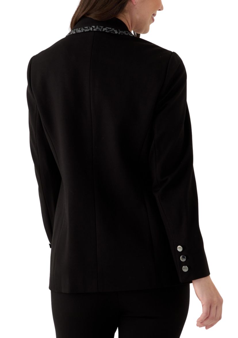 Womens Long Sleeve Leopard Print Trim Blazer