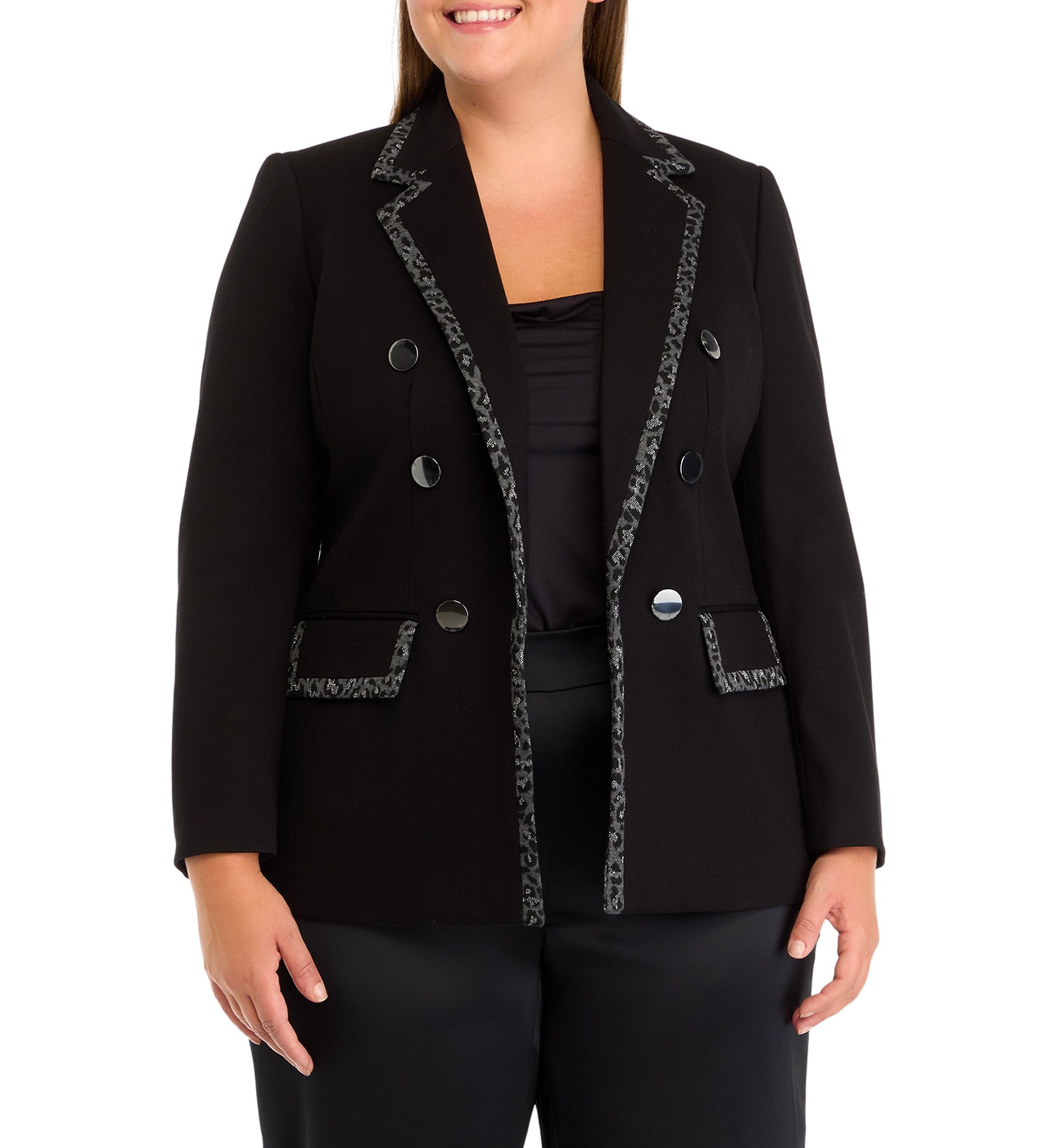 Plus Size Compression Faux Double Breasted Jacket with Contrast Frame
