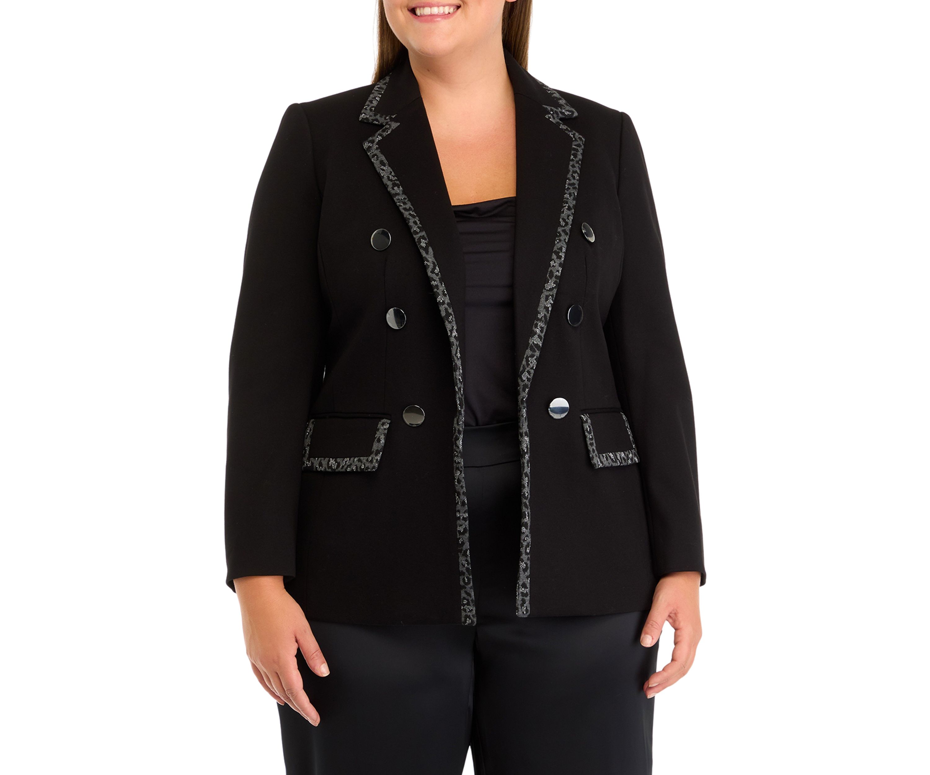 Plus Size Compression Faux Double Breasted Jacket with Contrast Frame
