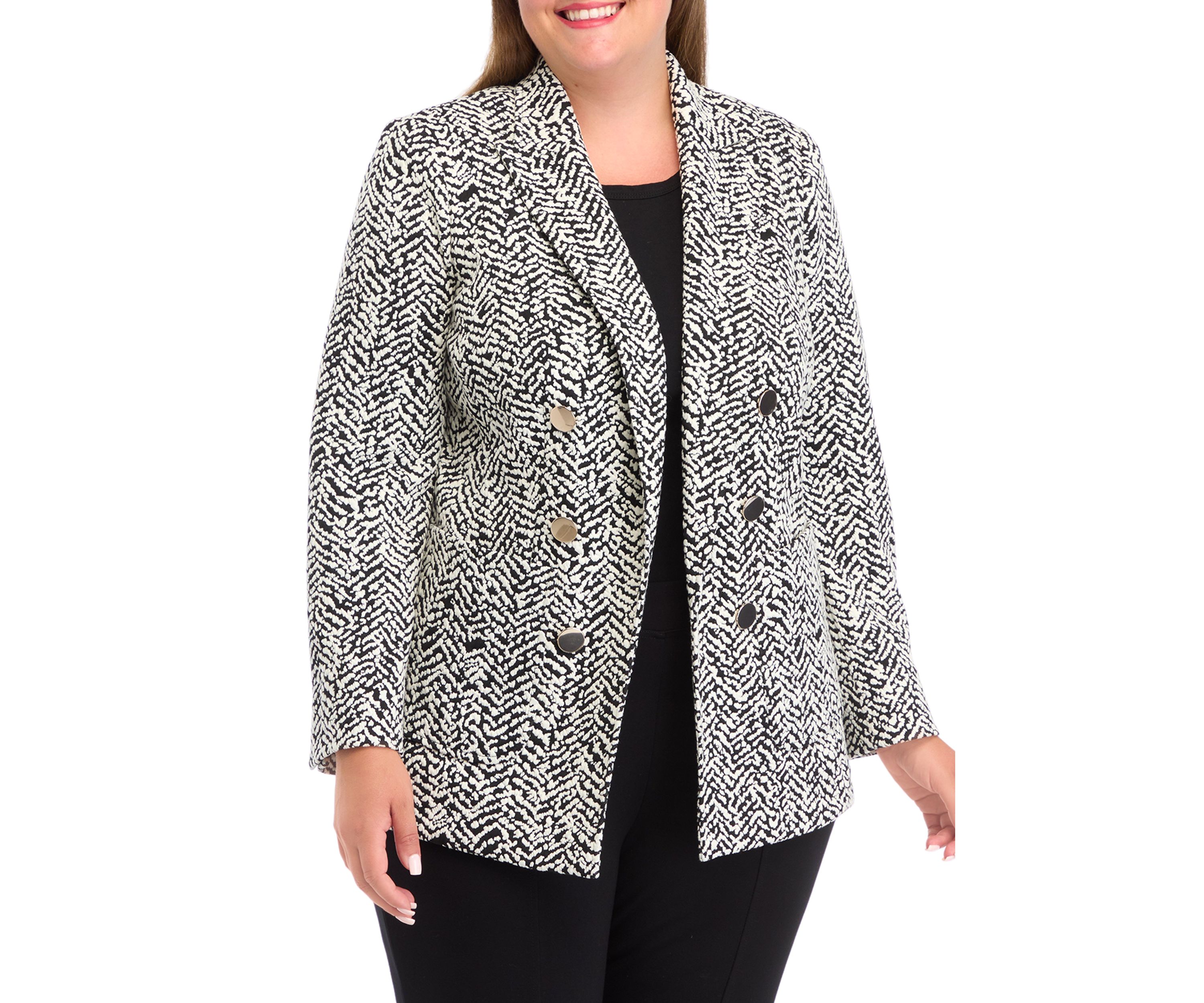 Plus Size Knit Jacquard Faux Double Breasted Patch Pocket Jacket