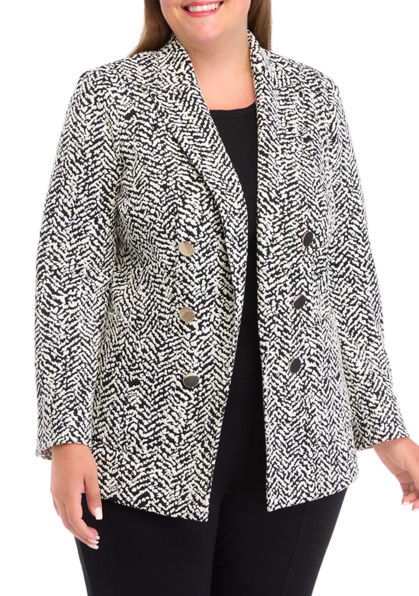 Plus Size Knit Jacquard Faux Double Breasted Patch Pocket Jacket