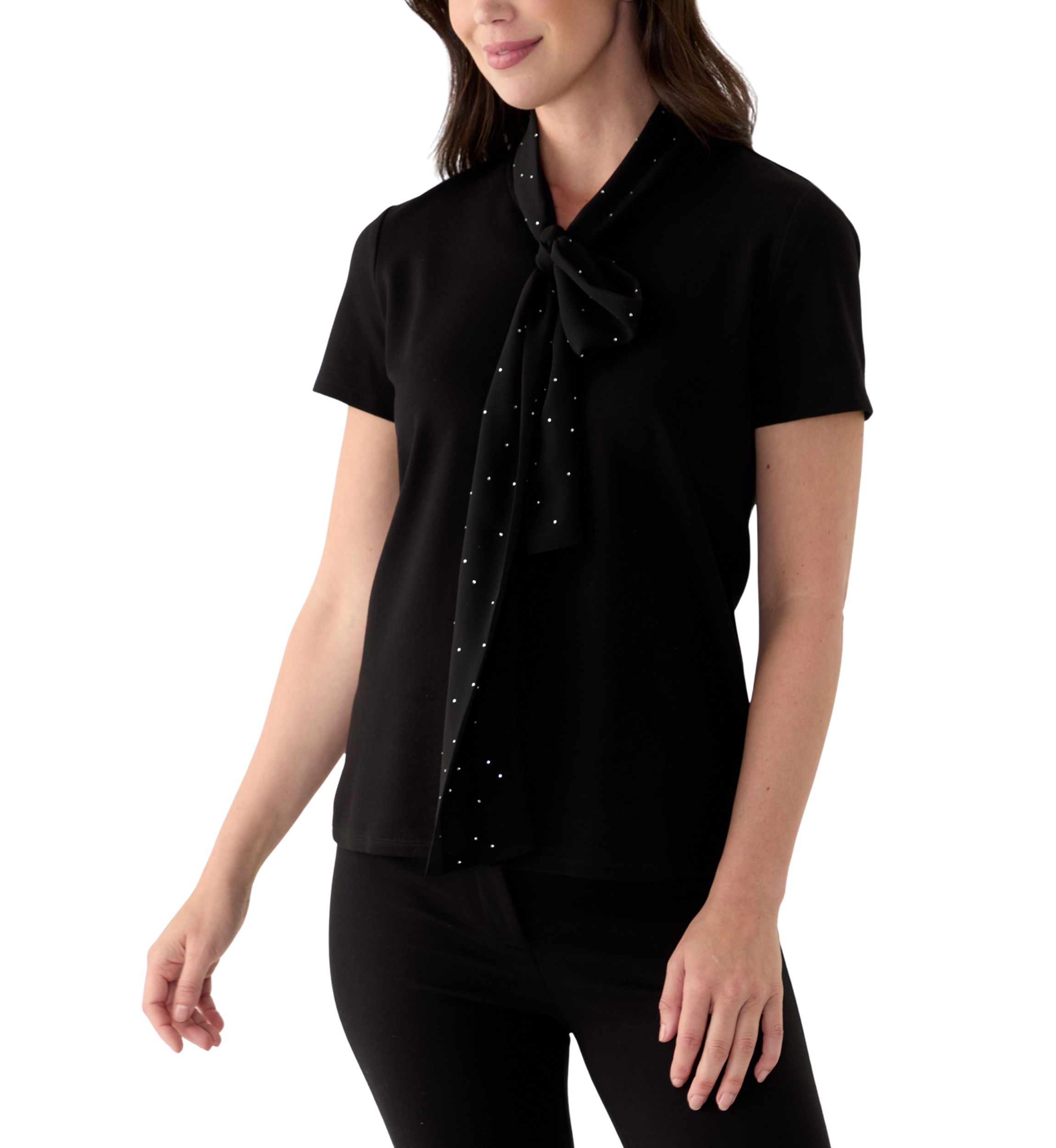 Womens Short Sleeve Tie Neck Mixed Media Blouse
