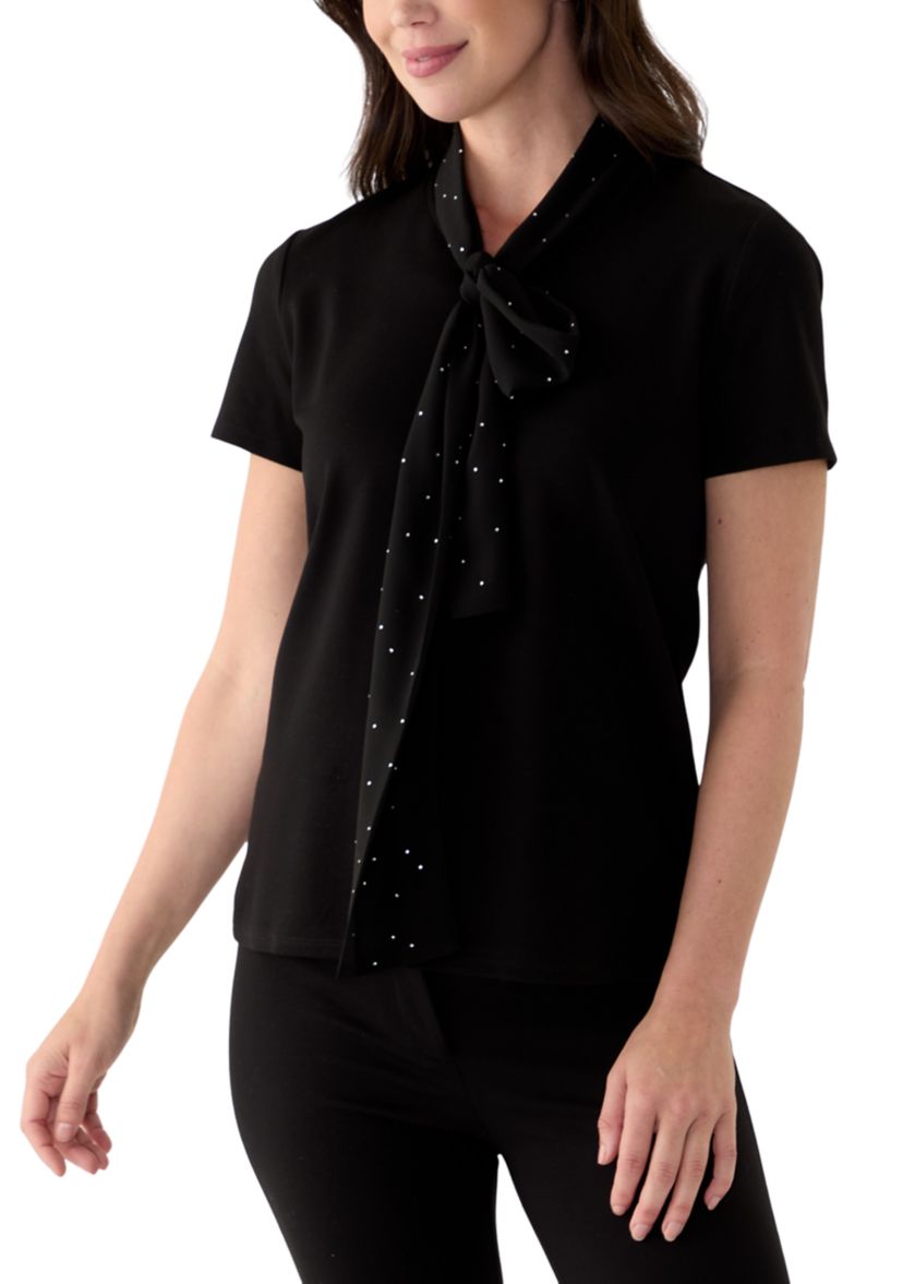 Womens Short Sleeve Tie Neck Mixed Media Blouse