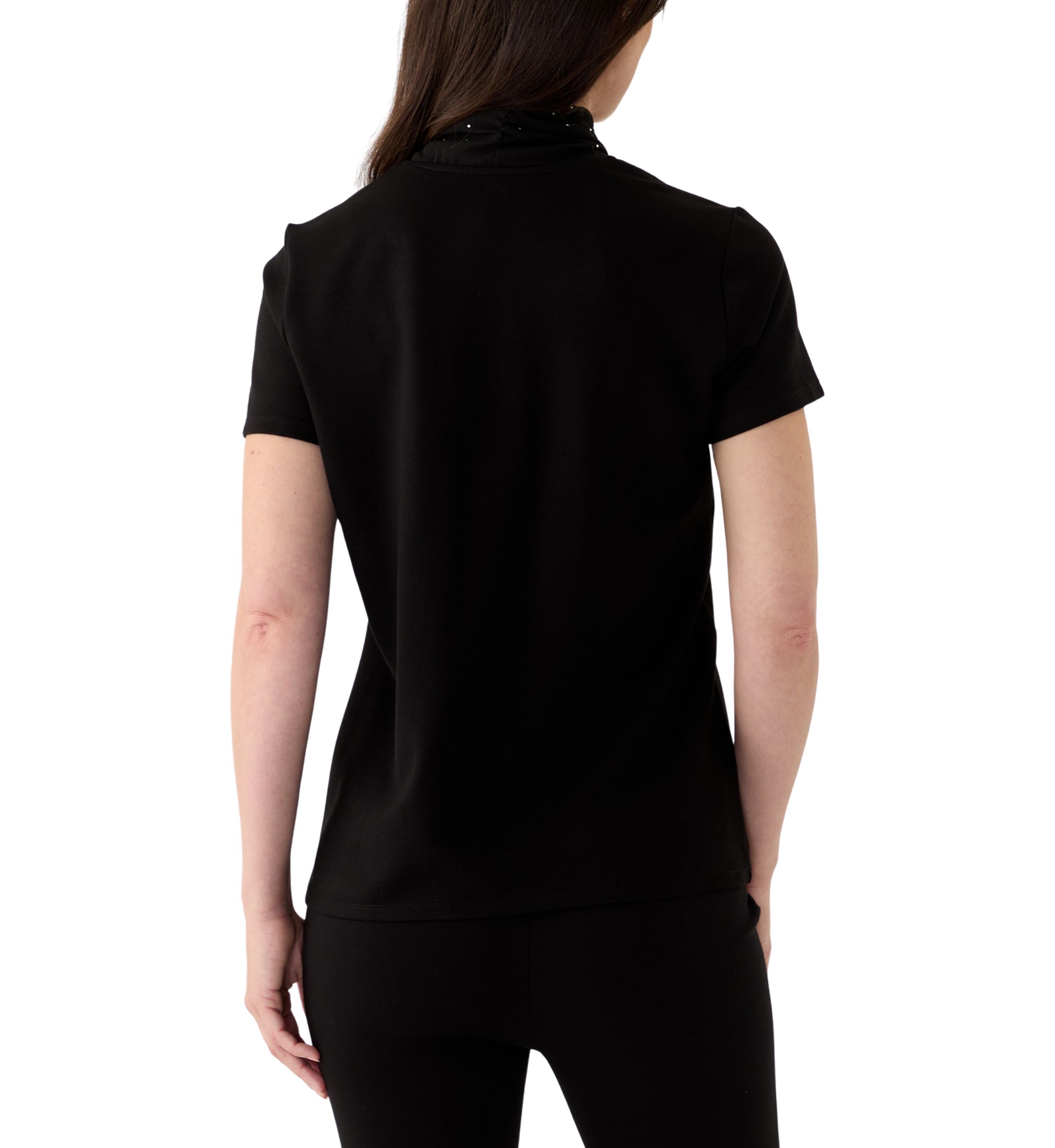 Womens Short Sleeve Tie Neck Mixed Media Blouse
