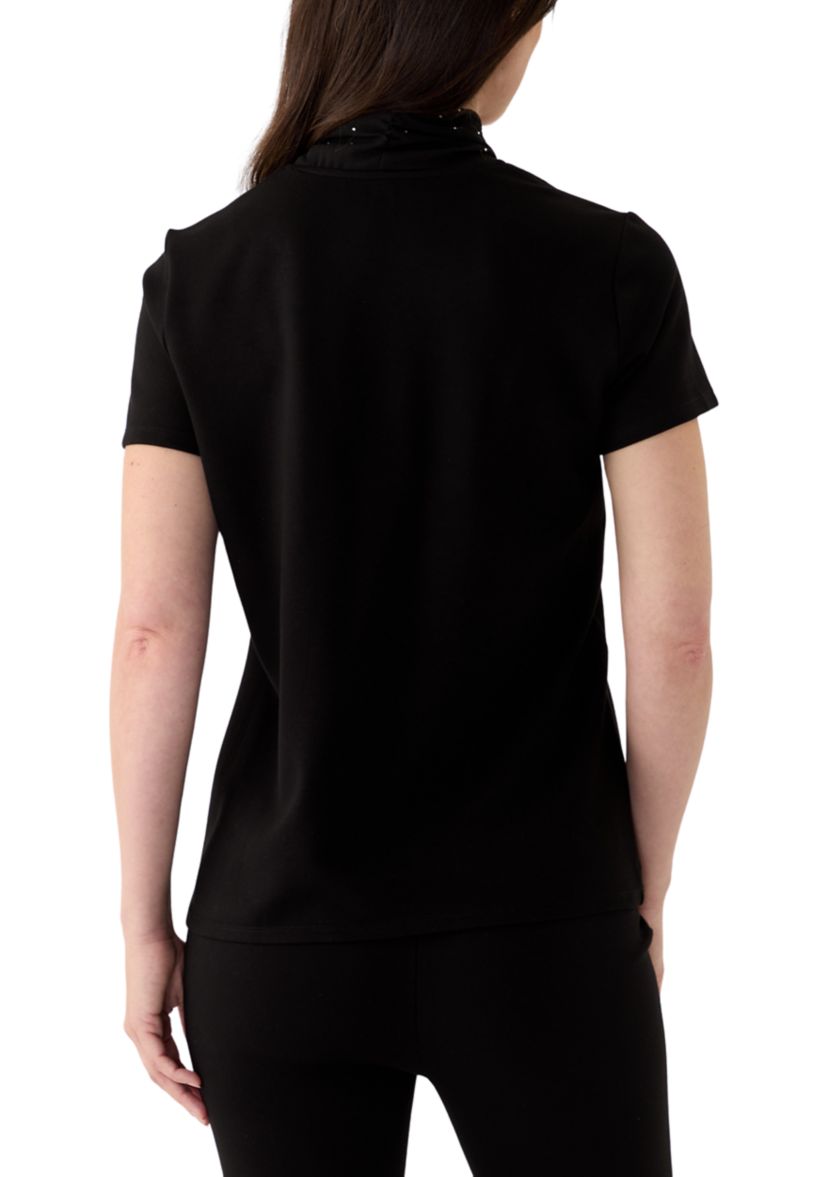 Womens Short Sleeve Tie Neck Mixed Media Blouse
