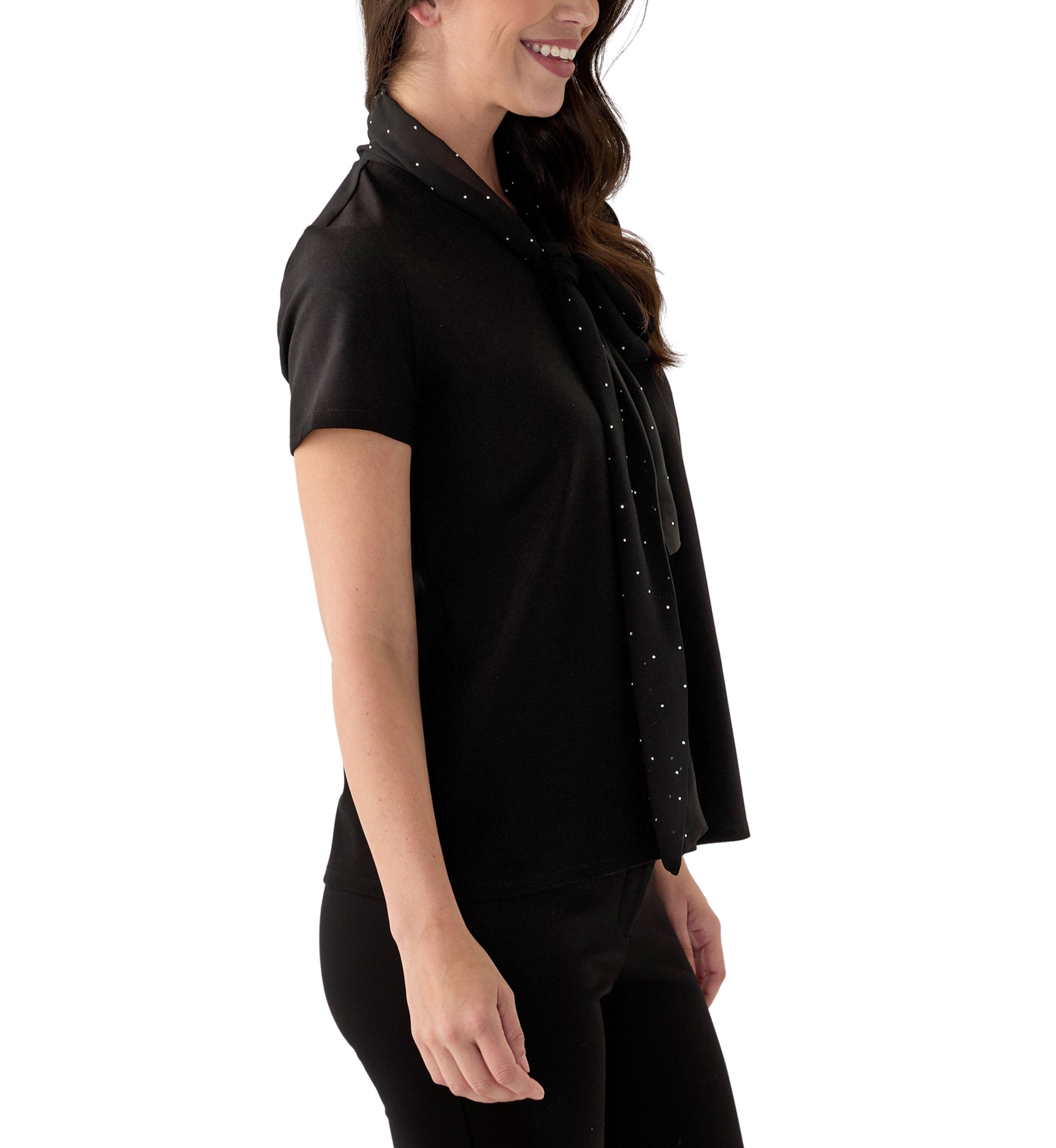 Womens Short Sleeve Tie Neck Mixed Media Blouse