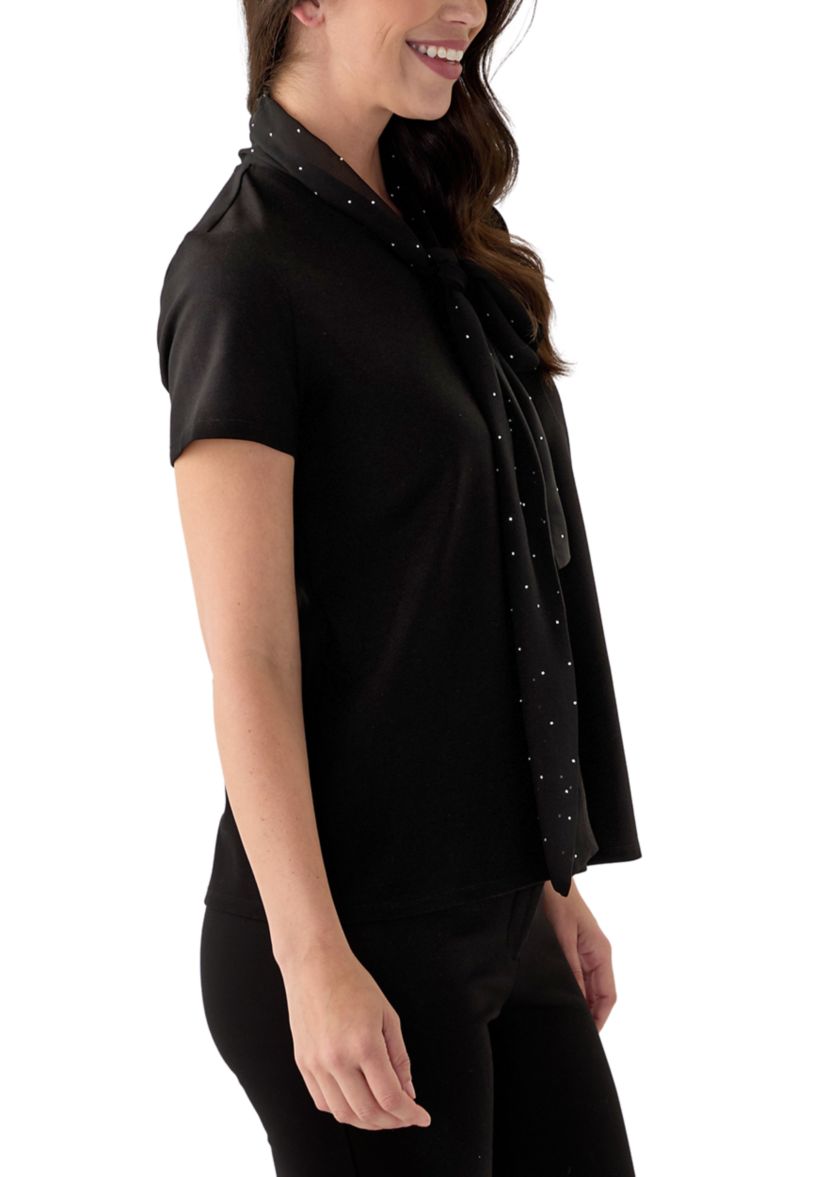 Womens Short Sleeve Tie Neck Mixed Media Blouse