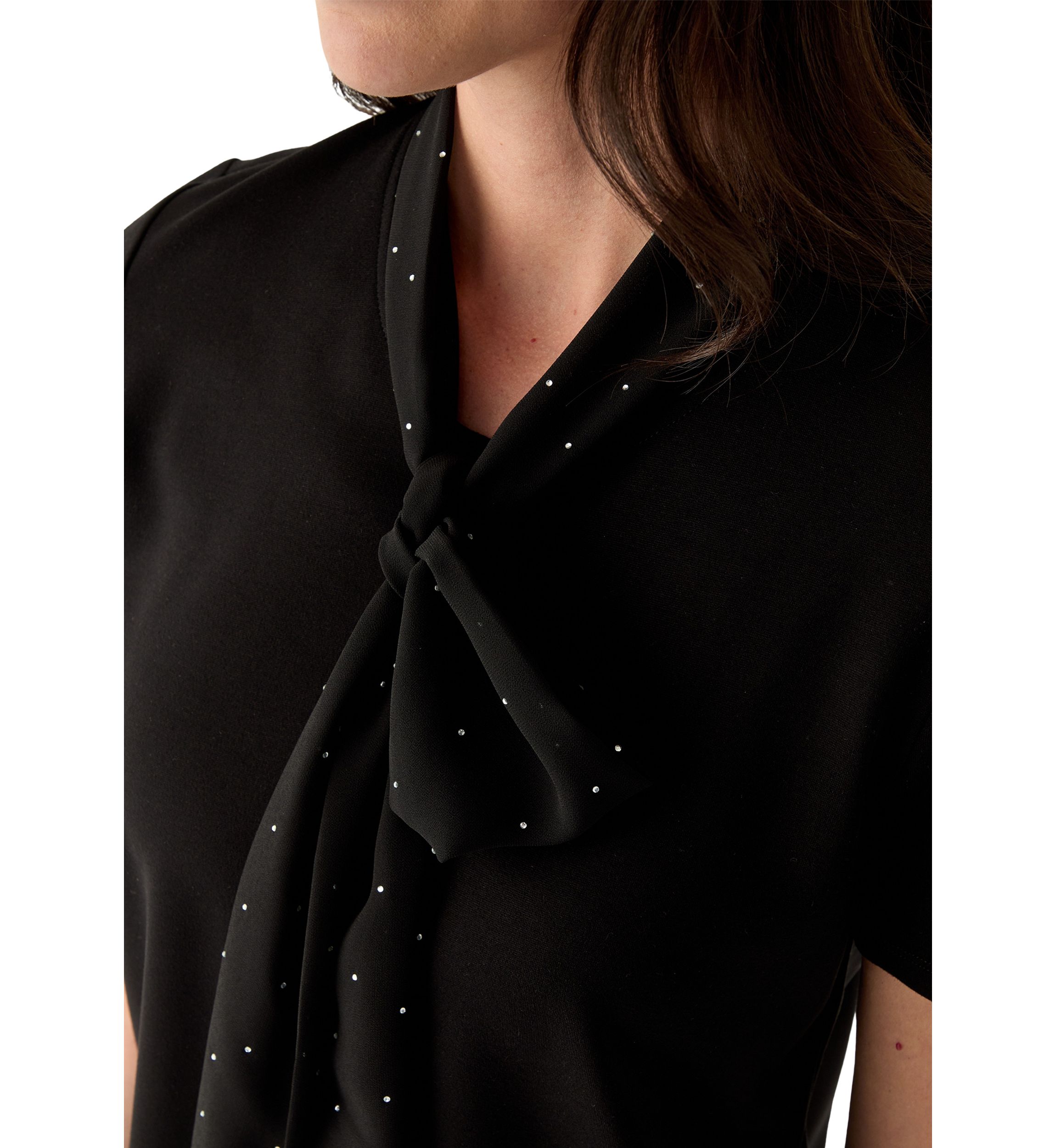Womens Short Sleeve Tie Neck Mixed Media Blouse