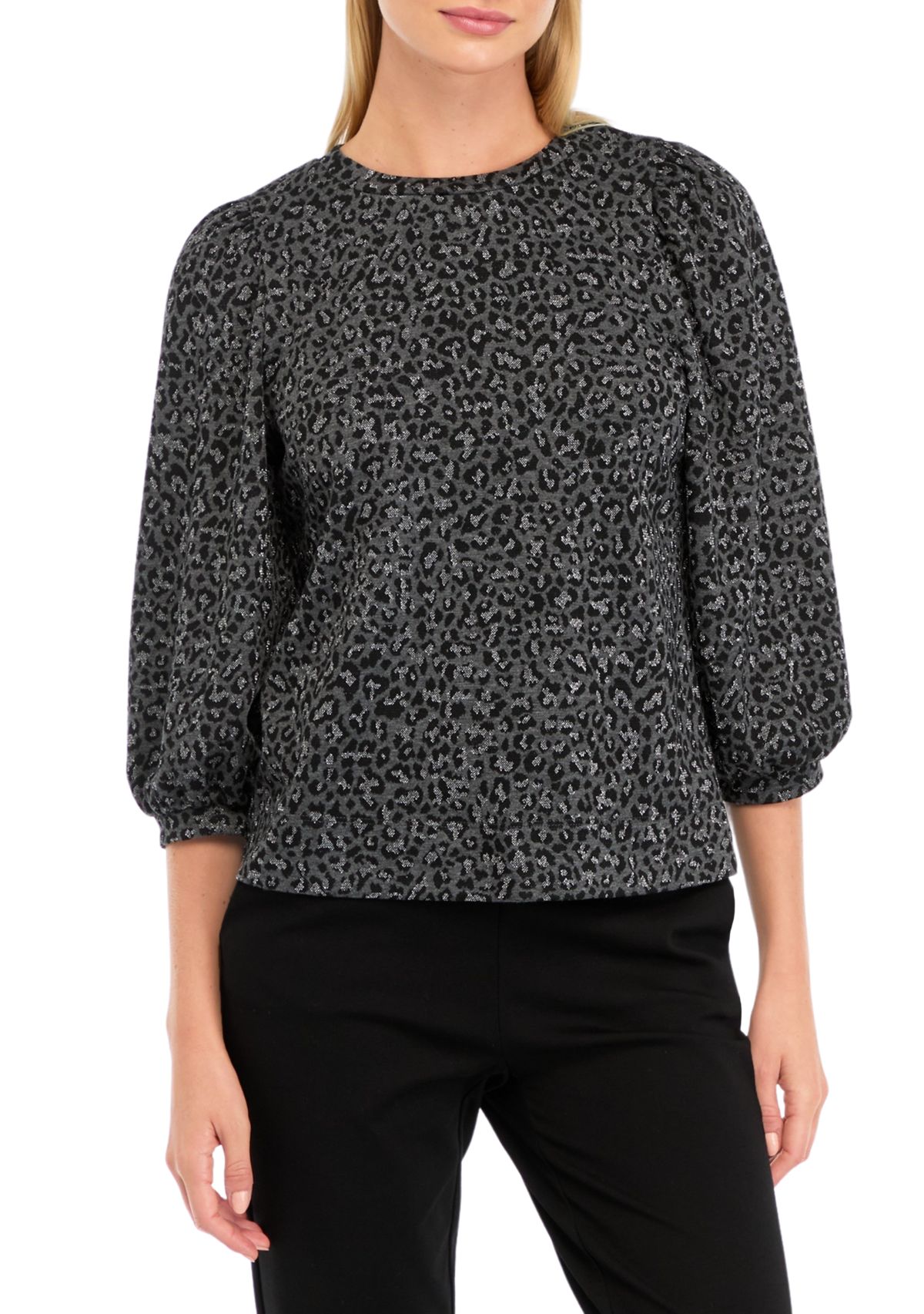 Womens Blouson Sleeve Animal Print Pullover