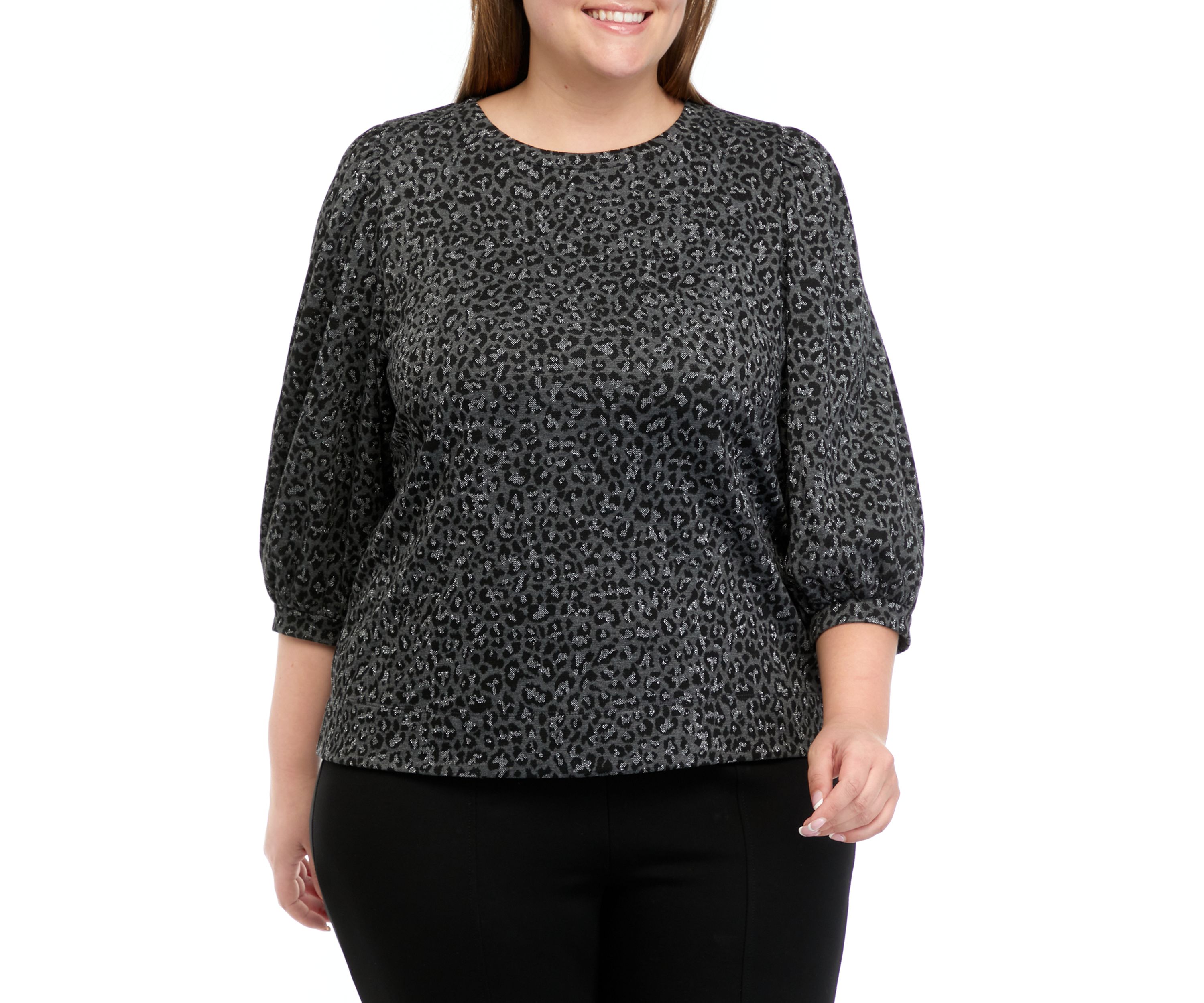 Plus Size Balloon Sleeve Animal Print Top 