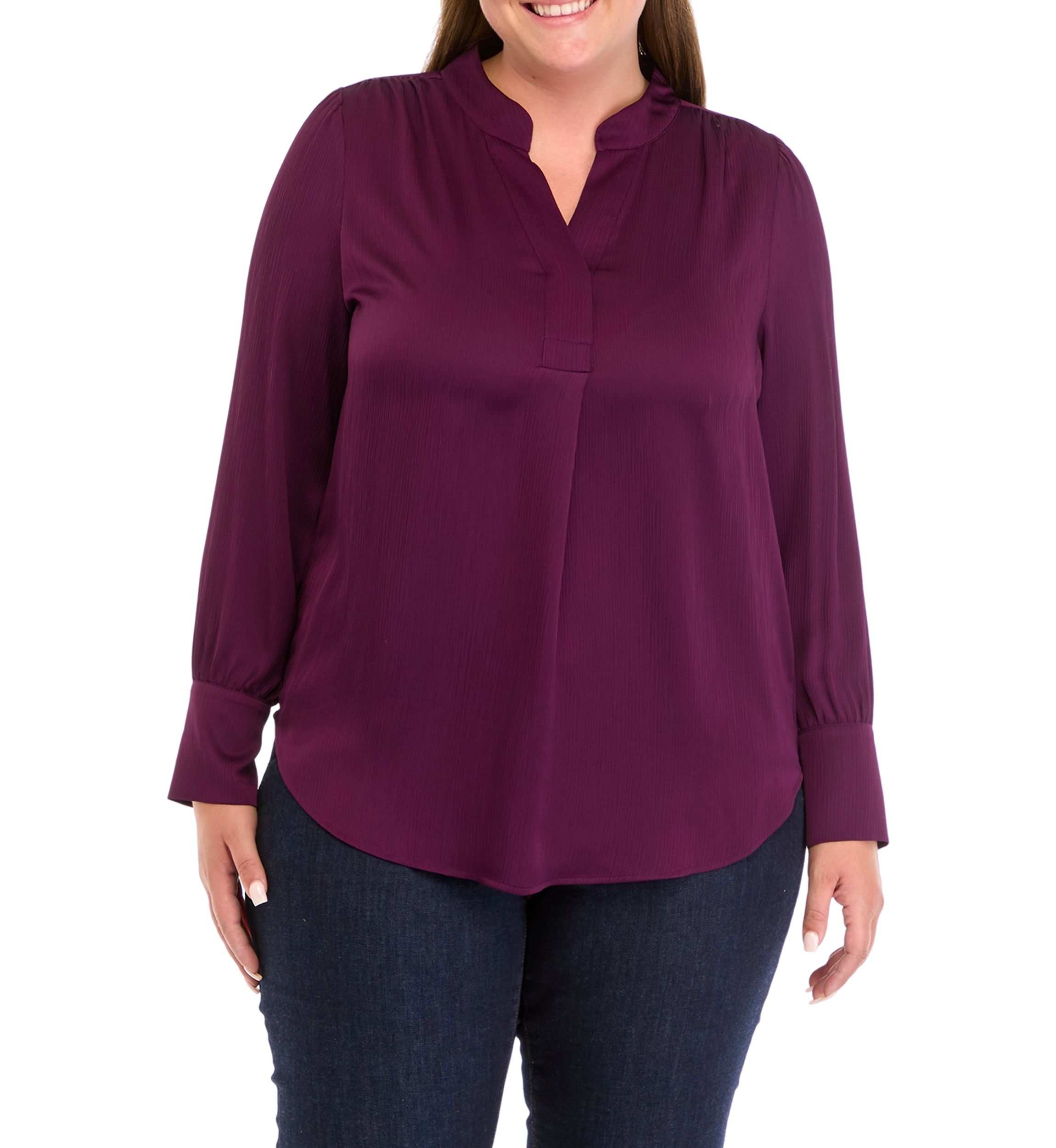 Plus Size Long Sleeve V-Neck Pleat Front Blouse