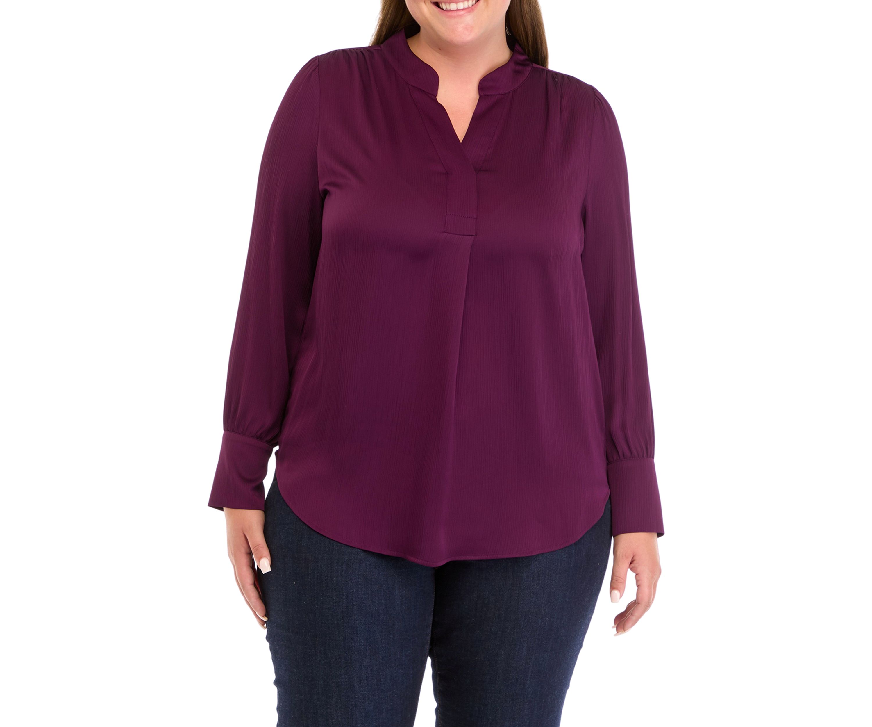 Plus Size Long Sleeve V-Neck Pleat Front Blouse