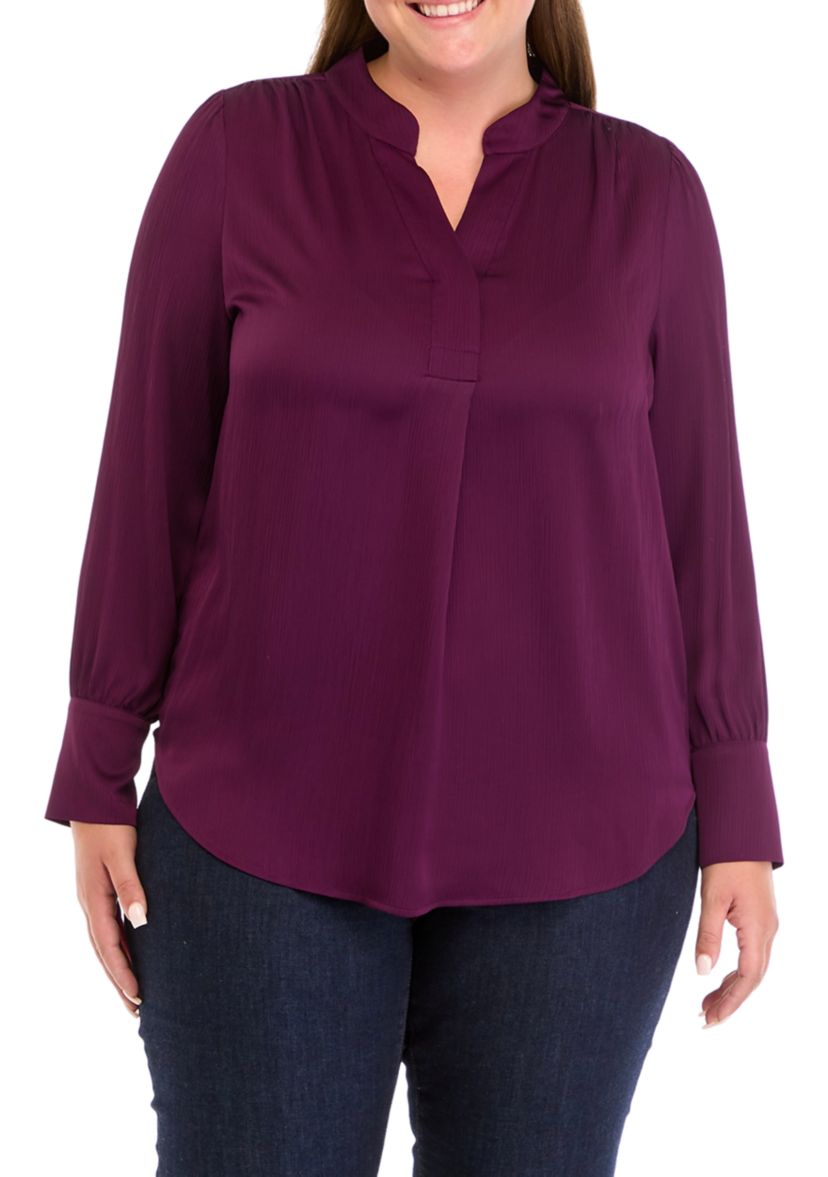 Plus Size Long Sleeve V-Neck Pleat Front Blouse