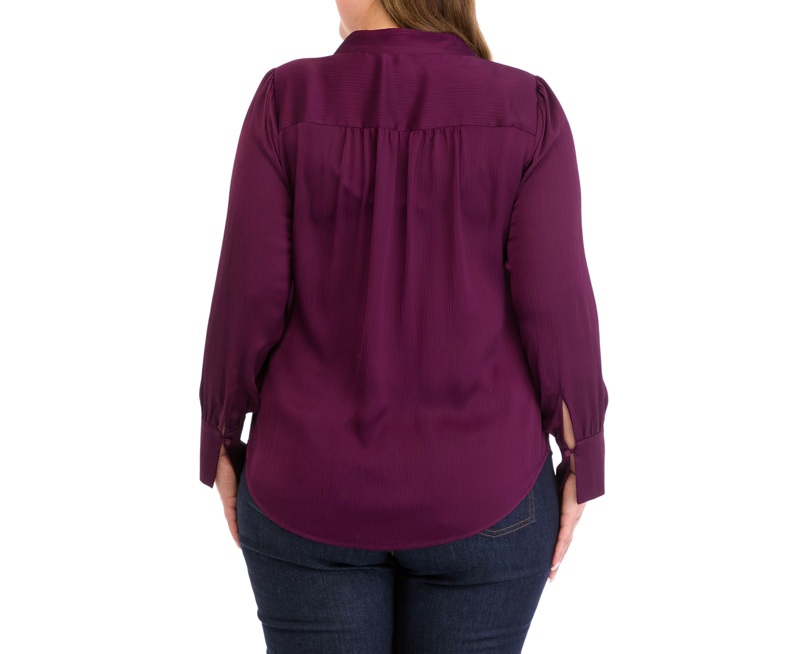 Plus Size Long Sleeve V-Neck Pleat Front Blouse