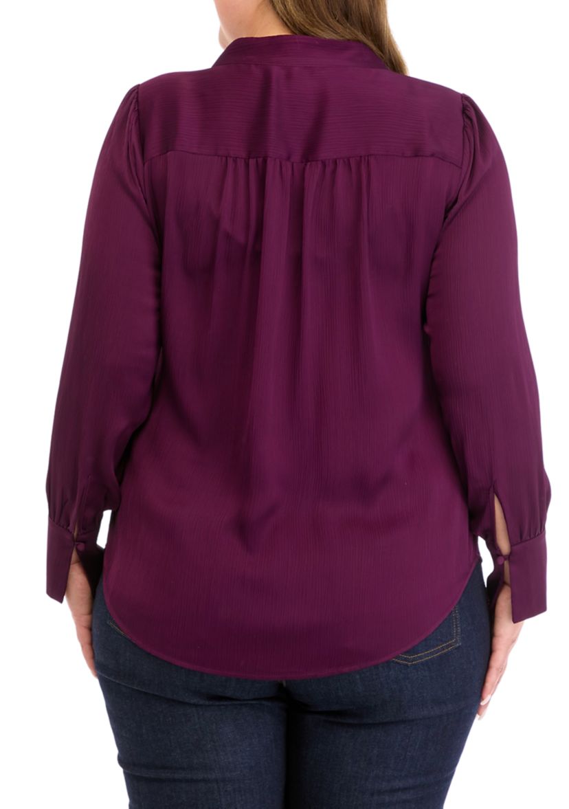 Plus Size Long Sleeve V-Neck Pleat Front Blouse