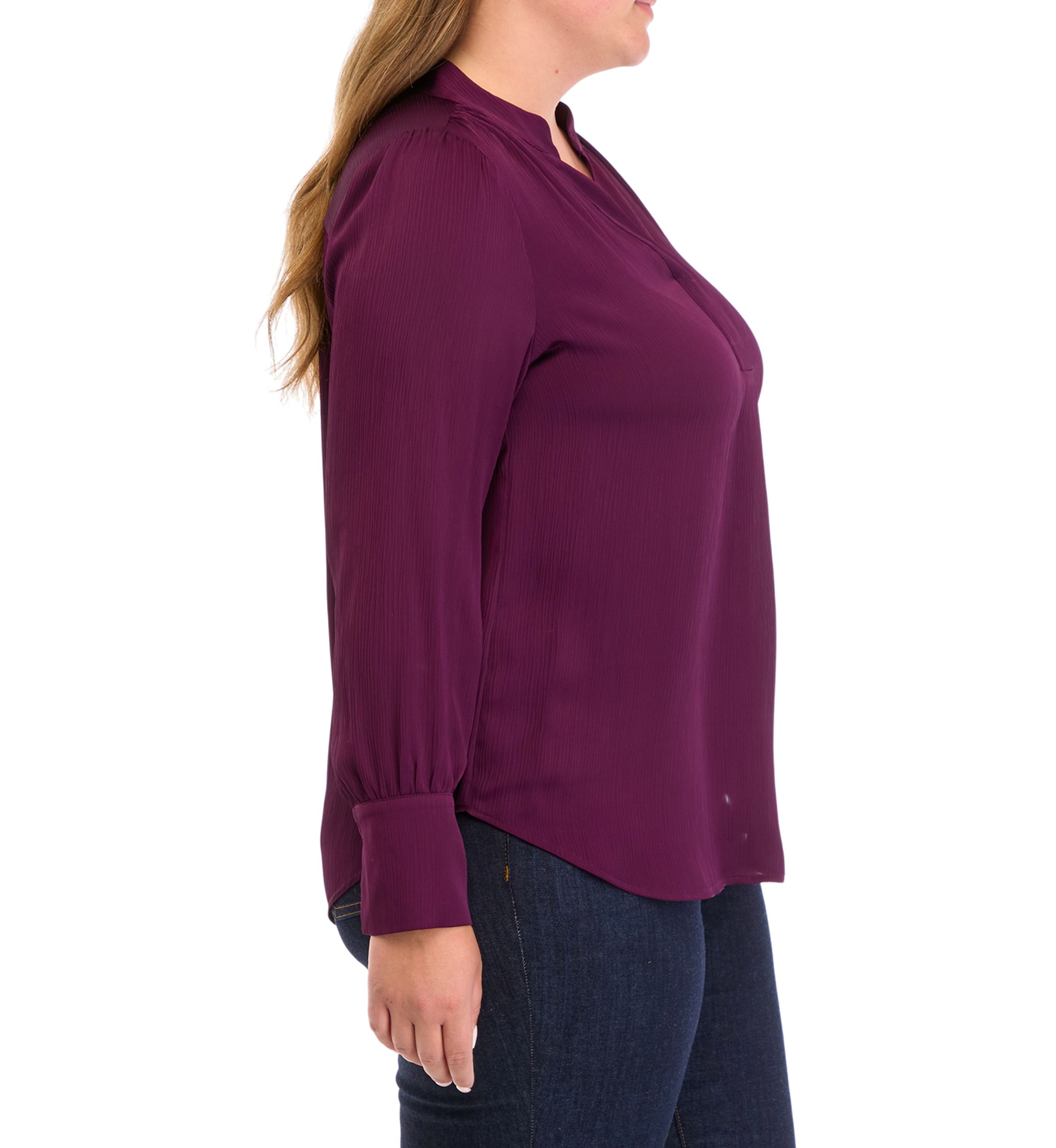 Plus Size Long Sleeve V-Neck Pleat Front Blouse