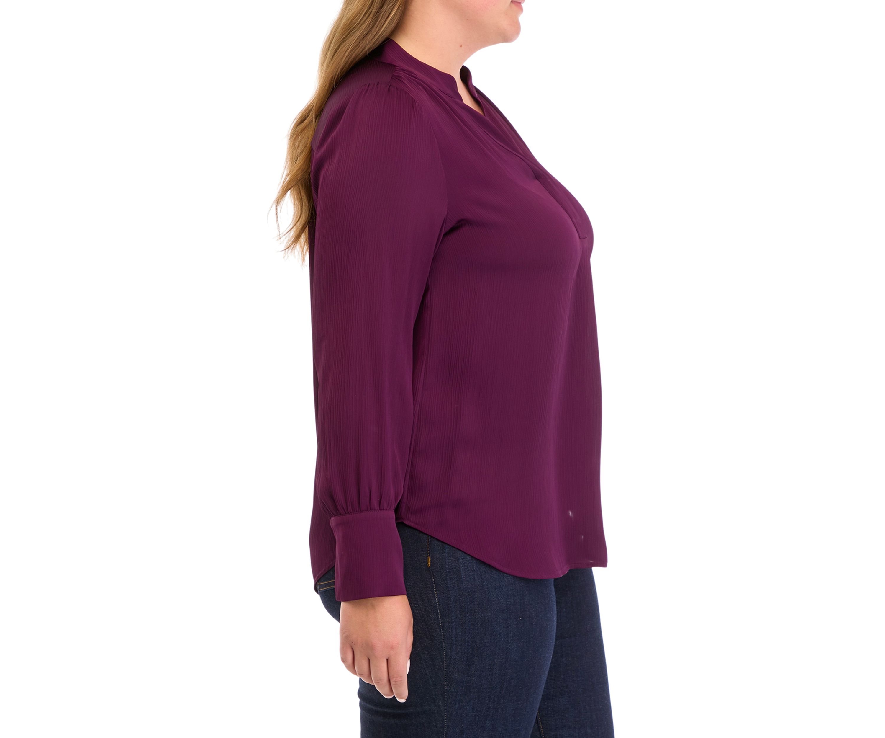 Plus Size Long Sleeve V-Neck Pleat Front Blouse