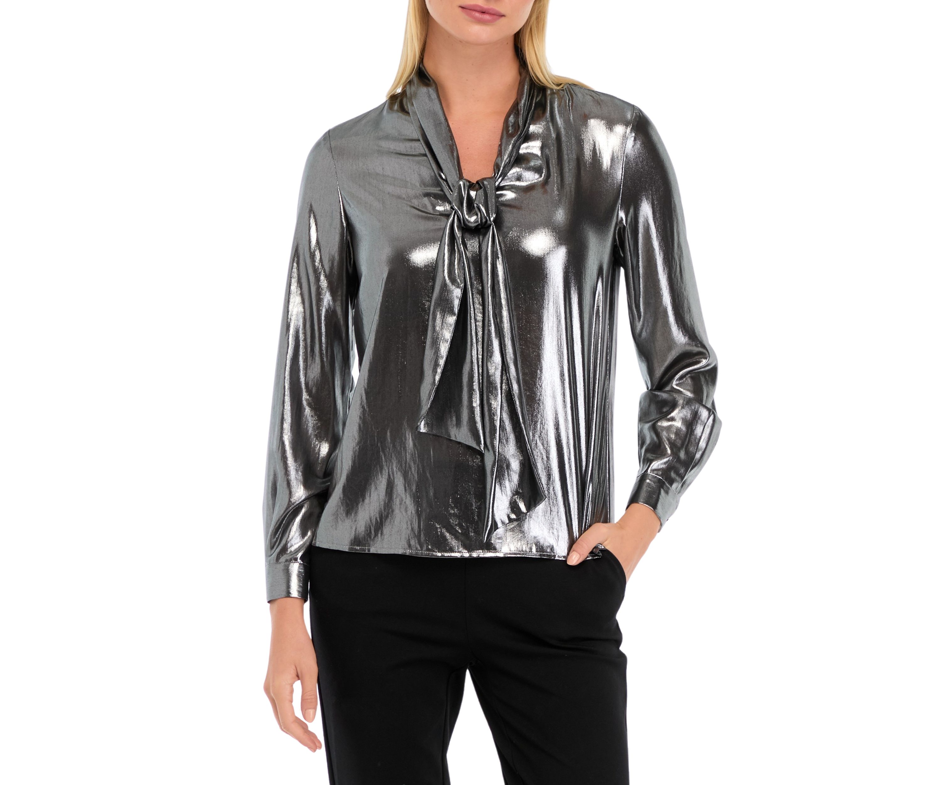 Womens Blouson Sleeve Metallic Blouse