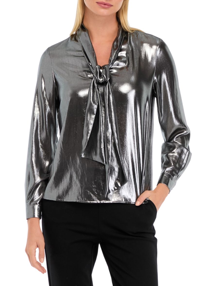 Womens Blouson Sleeve Metallic Blouse