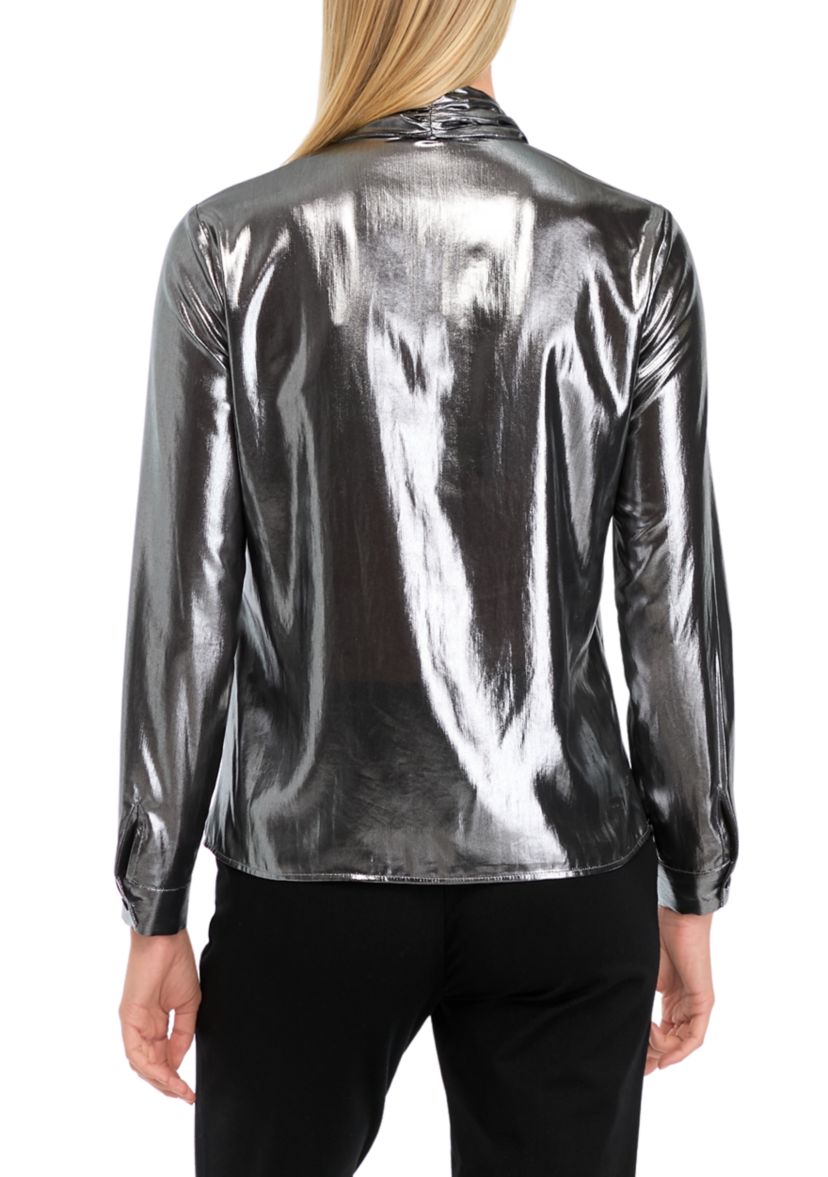 Womens Blouson Sleeve Metallic Blouse