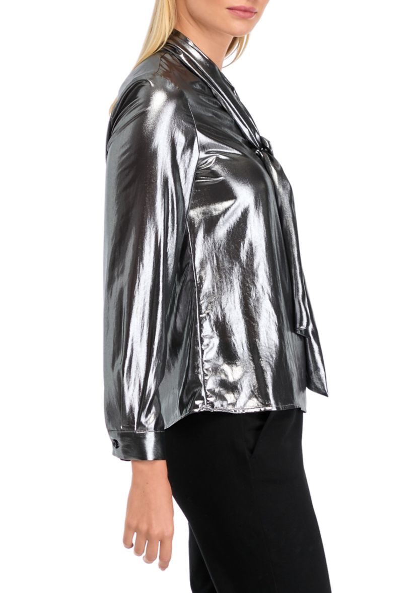 Womens Blouson Sleeve Metallic Blouse