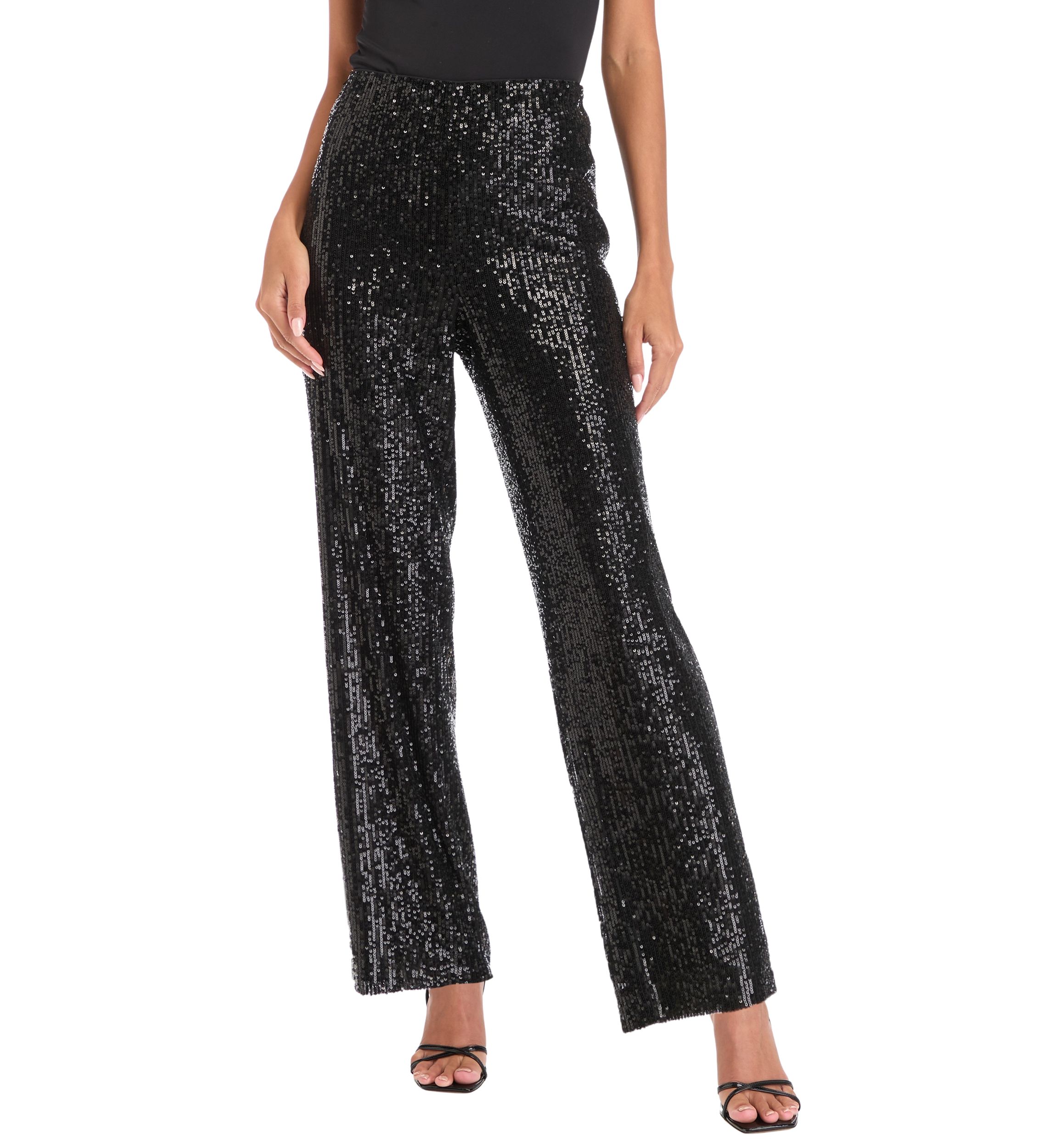 Petite Pull On Hollywood Waist Wide Leg Sequin Mesh Pants