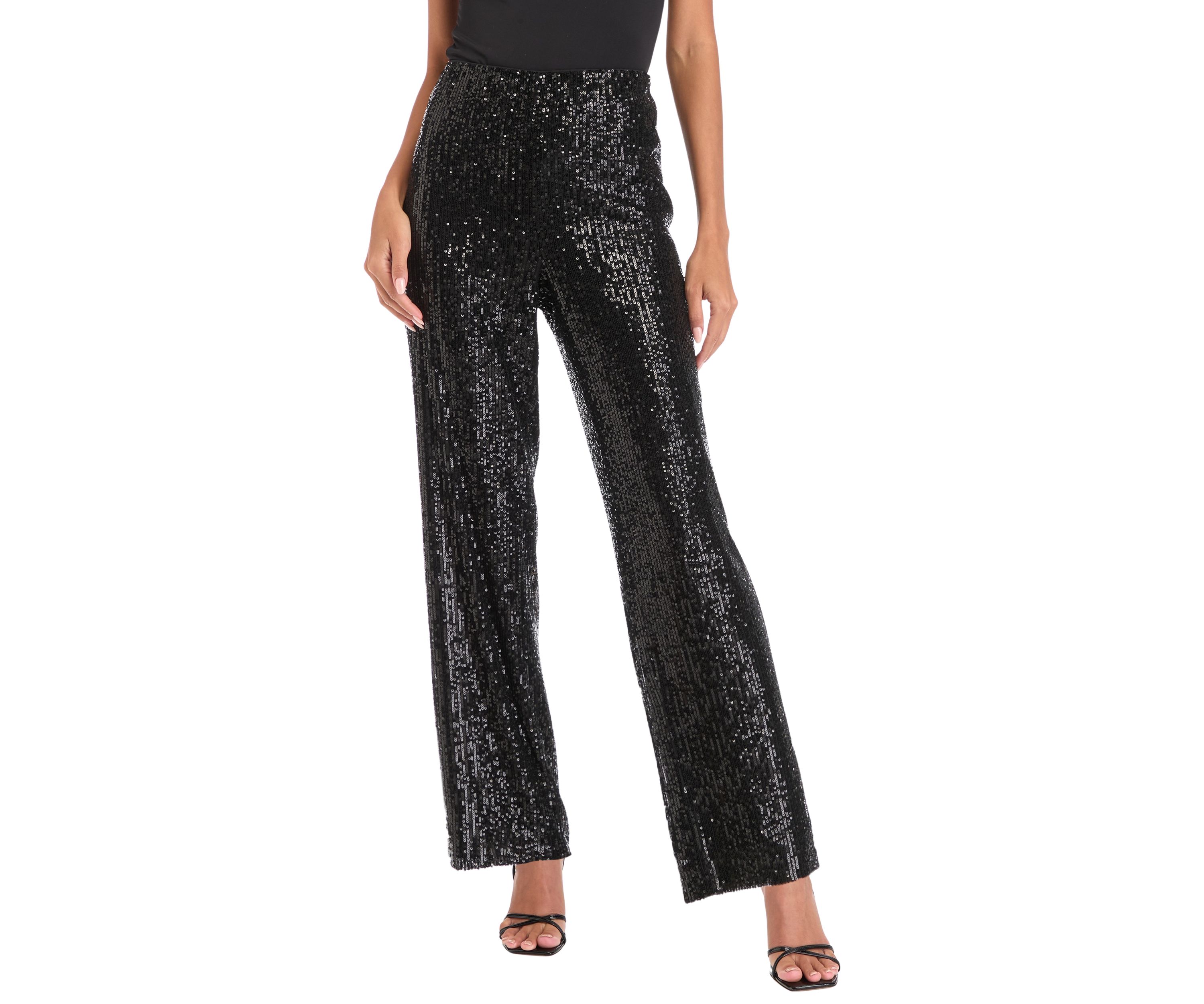 Petite Pull On Hollywood Waist Wide Leg Sequin Mesh Pants