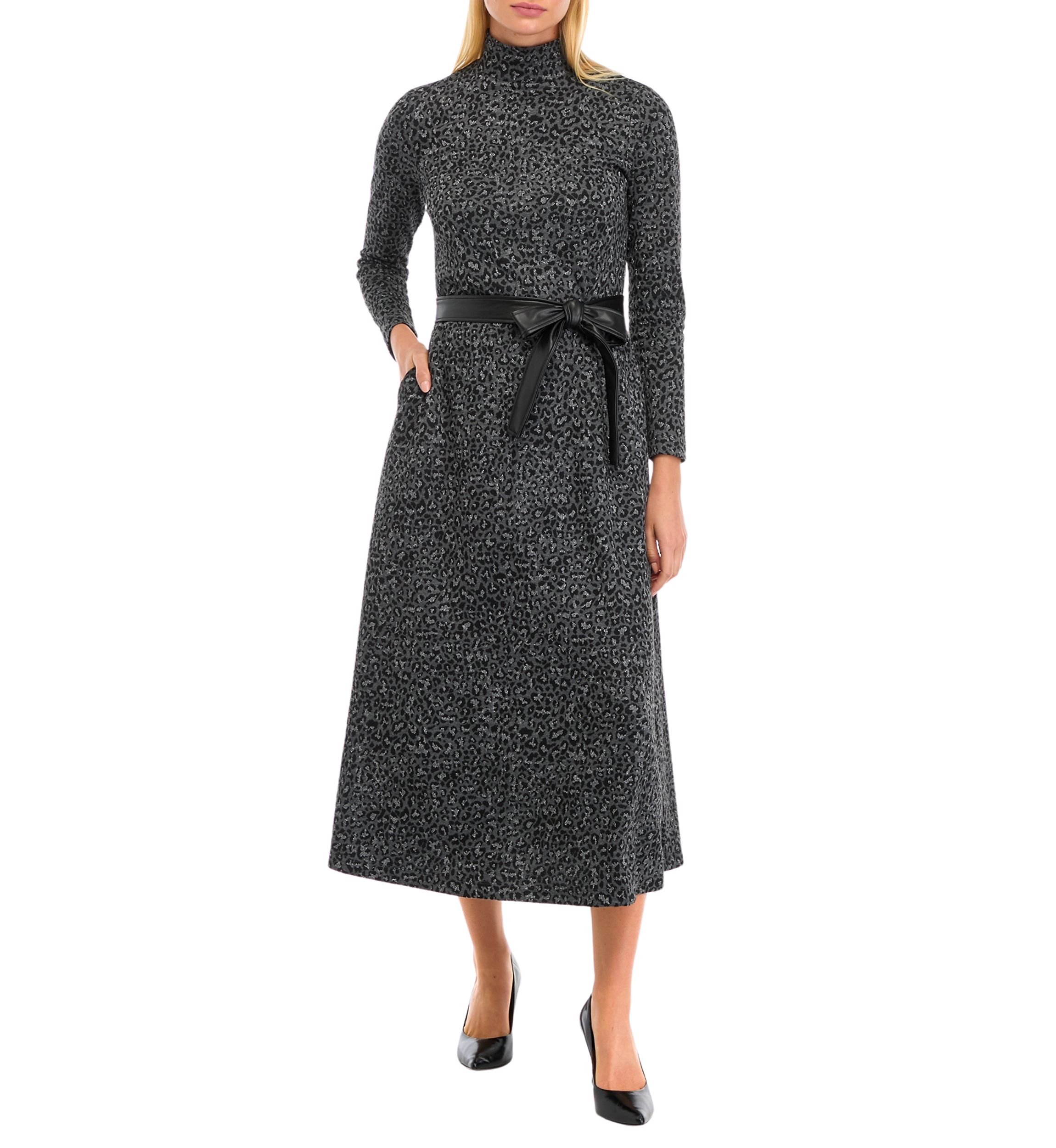 Womens Long Sleeve Mock Neck Printed Midi Dress