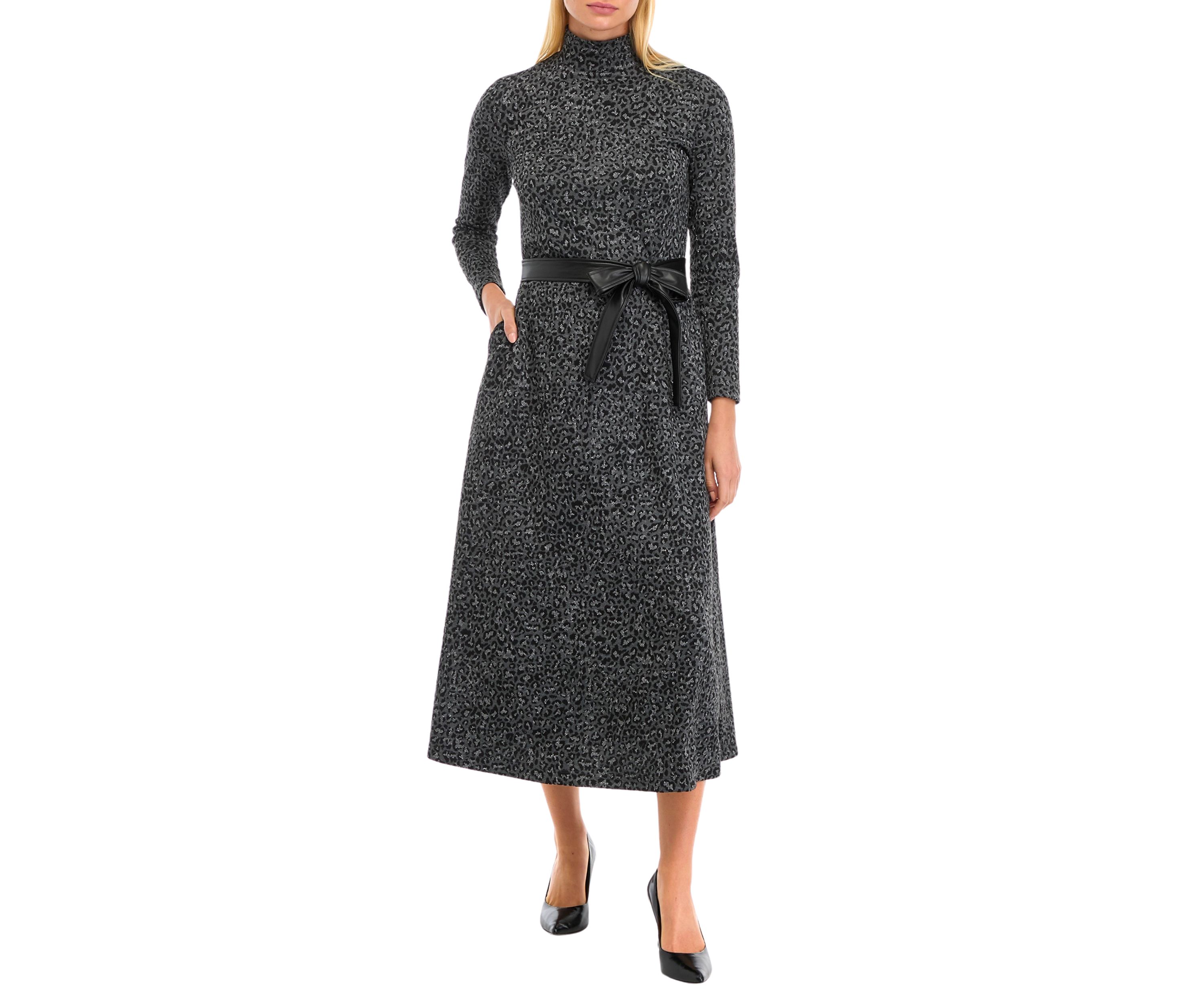 Womens Long Sleeve Mock Neck Printed Midi Dress