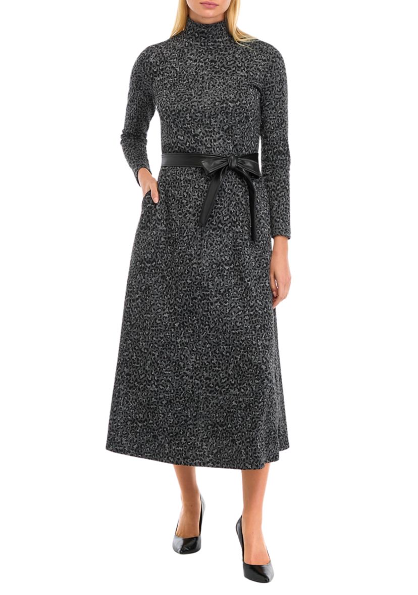 Womens Long Sleeve Mock Neck Printed Midi Dress