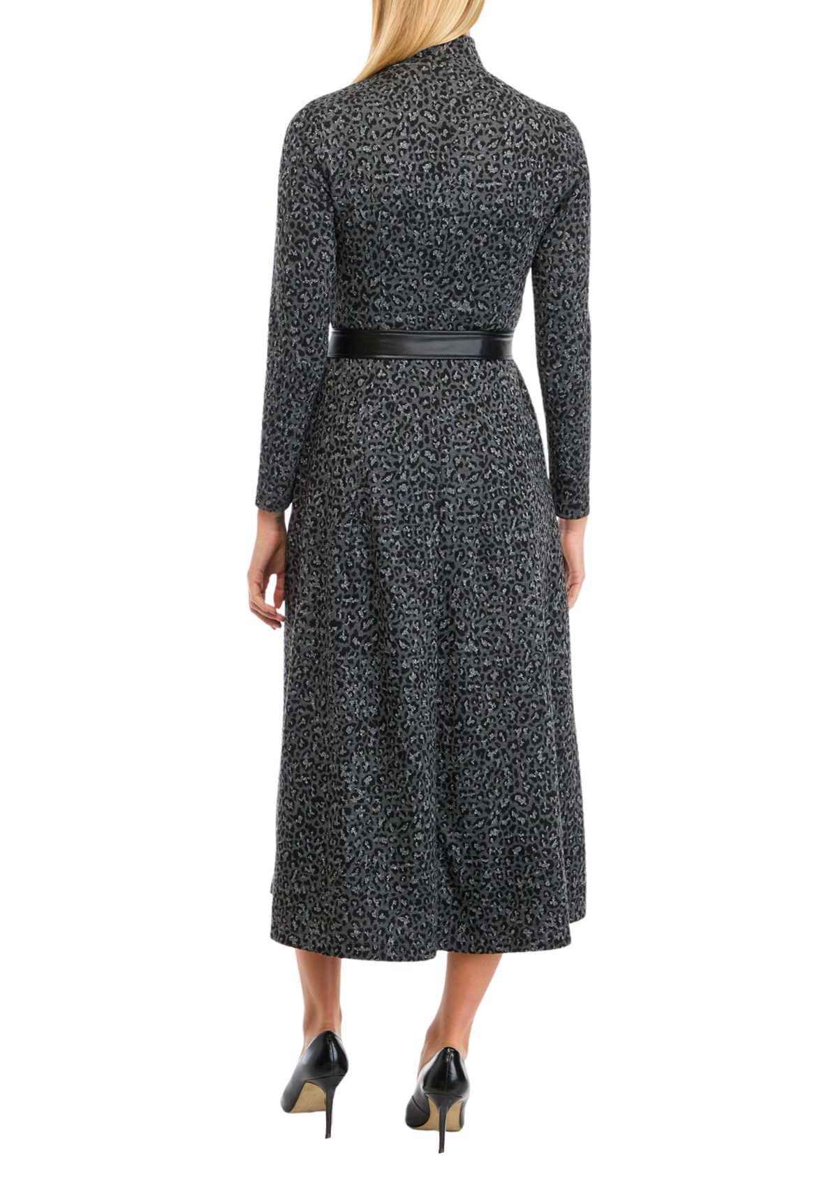 Womens Long Sleeve Mock Neck Printed Midi Dress