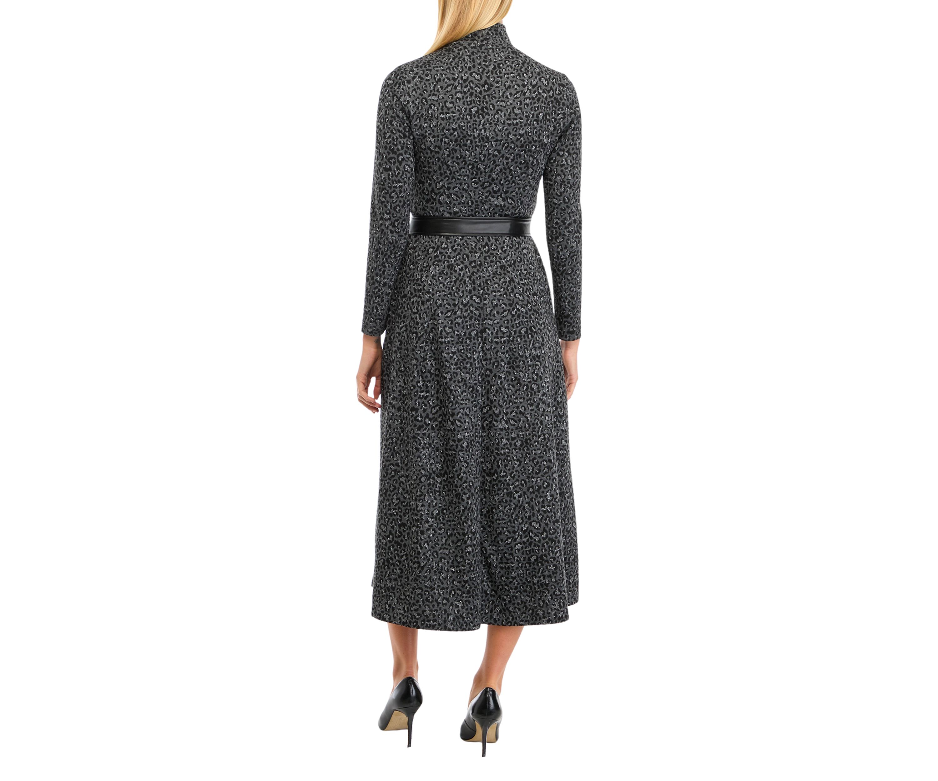 Womens Long Sleeve Mock Neck Printed Midi Dress