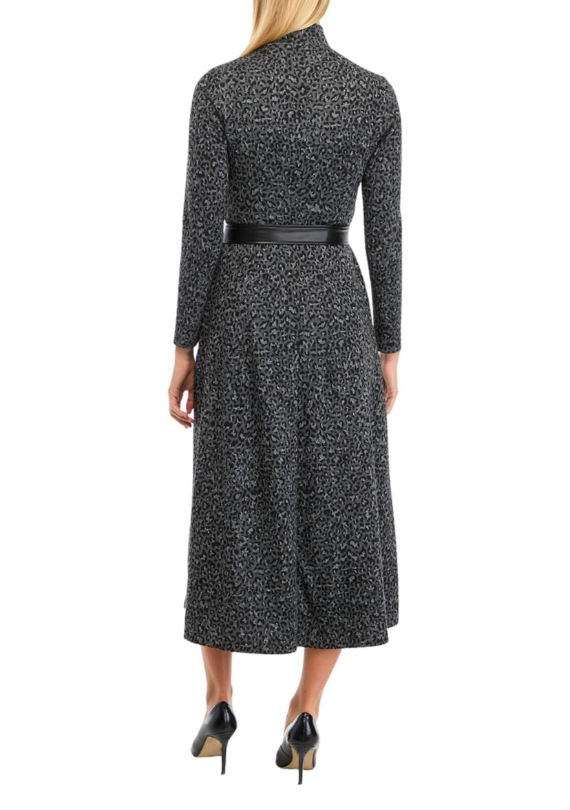 Womens Long Sleeve Mock Neck Printed Midi Dress