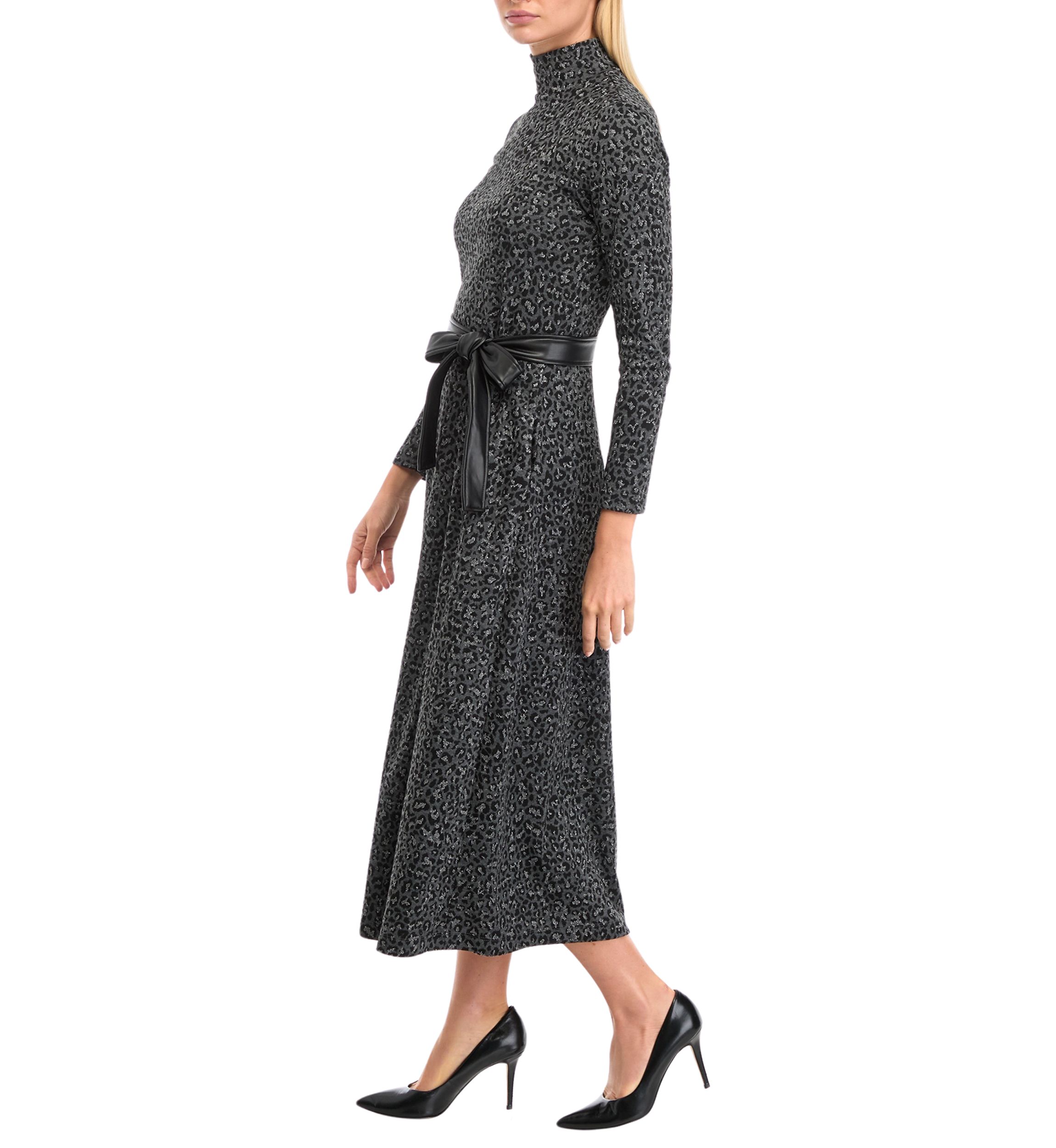 Womens Long Sleeve Mock Neck Printed Midi Dress