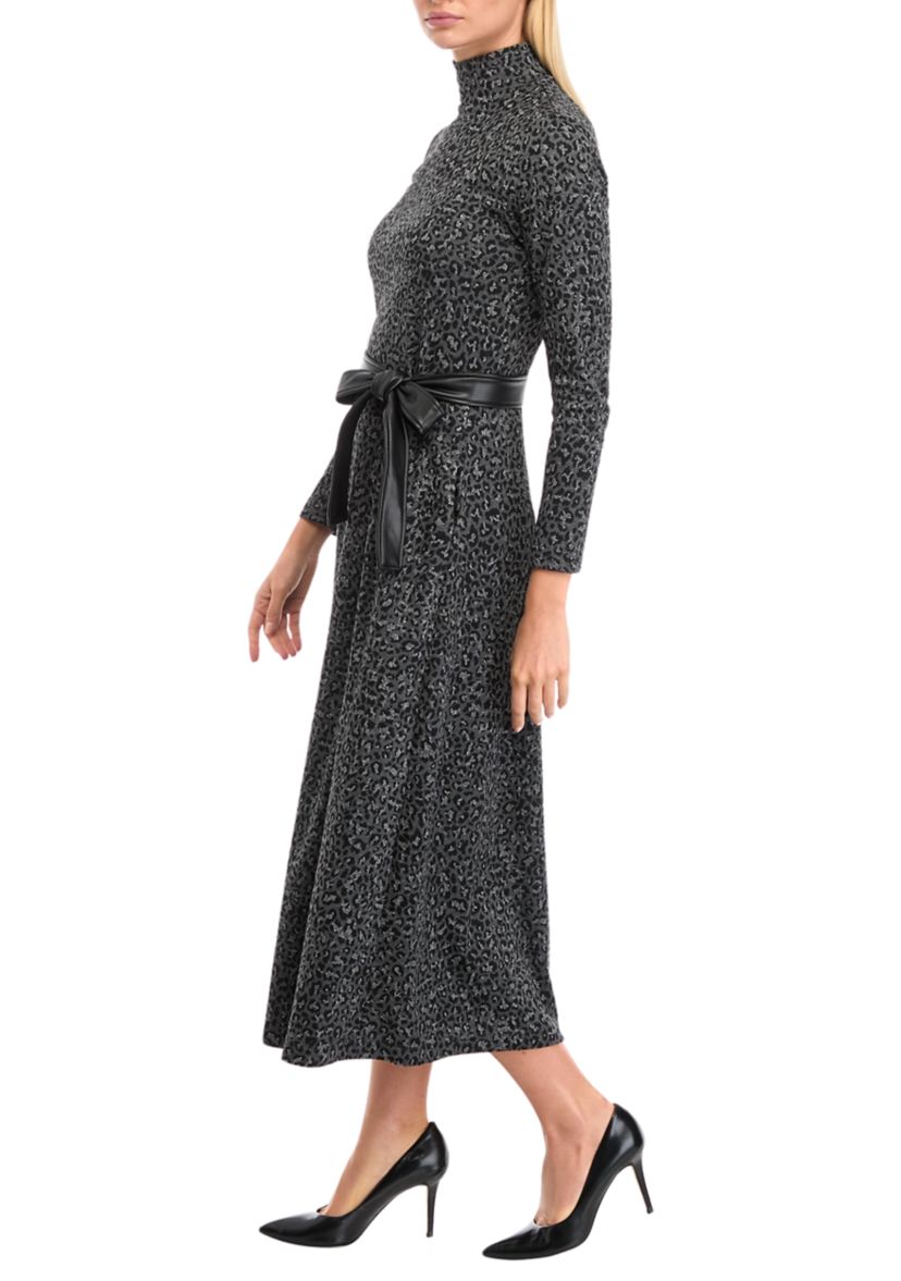 Womens Long Sleeve Mock Neck Printed Midi Dress