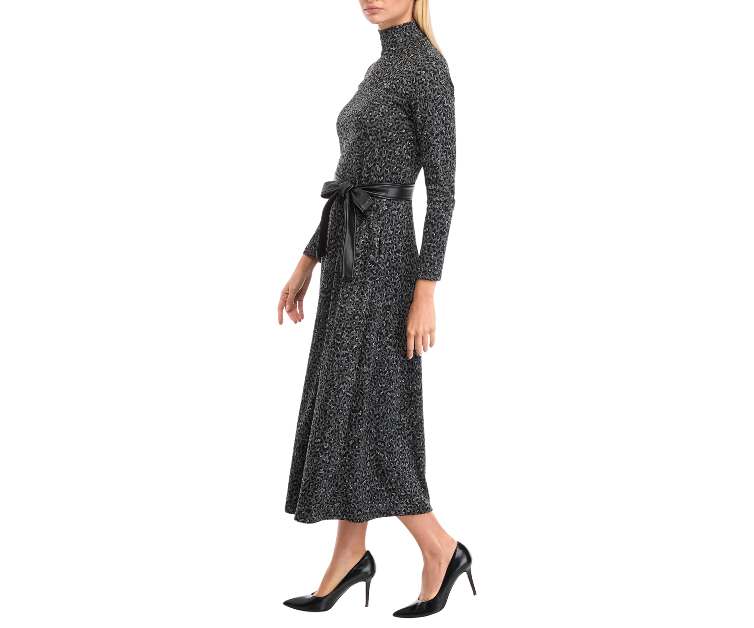 Petite Long Sleeve Mock Neck Midi Dress with Belt