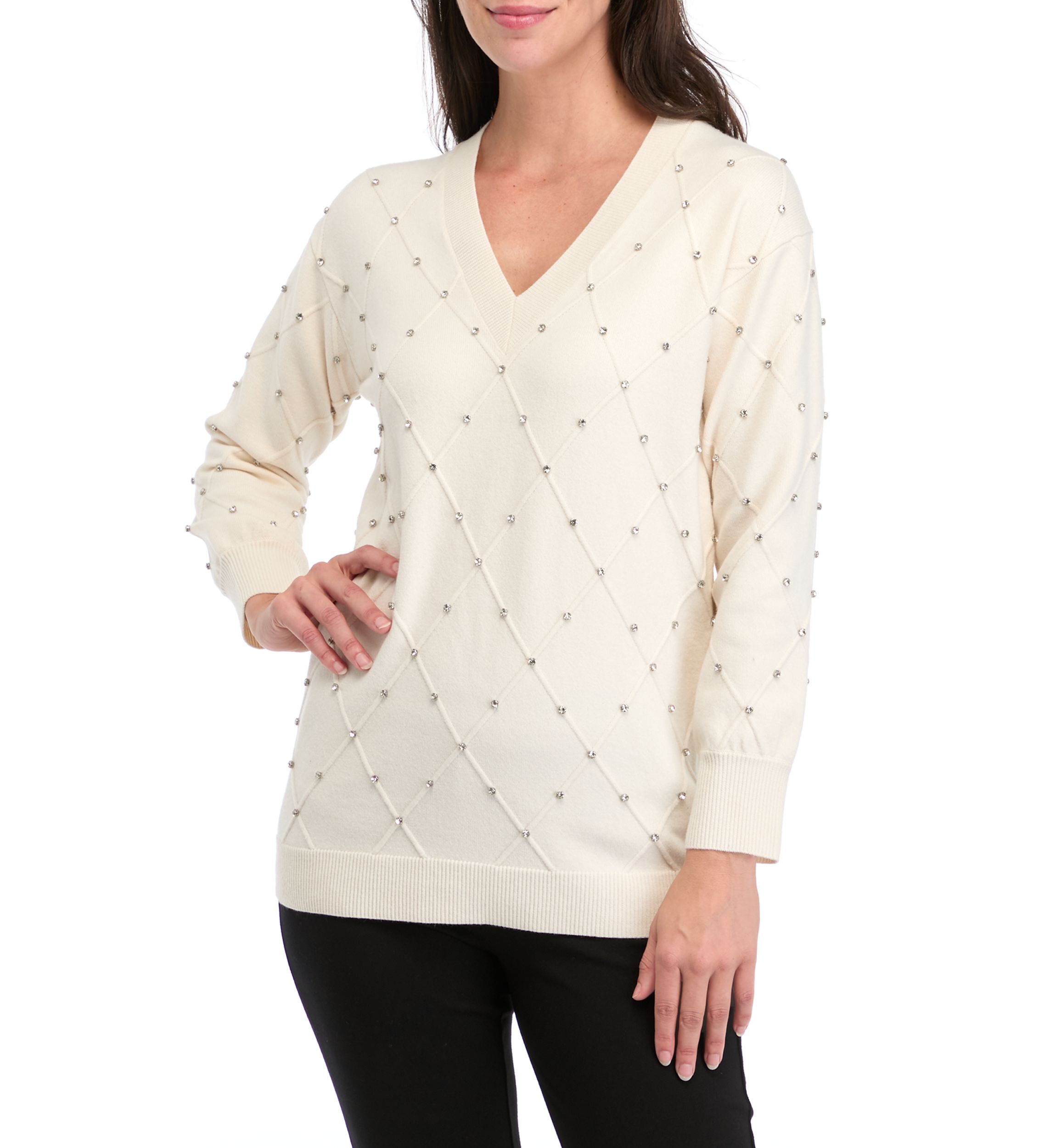 Womens Long Sleeve Diamond Rhinestone Sweater 