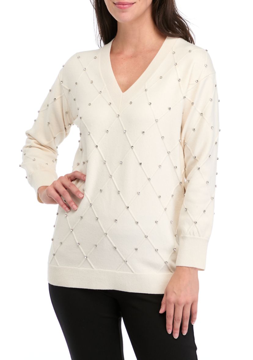 Womens Long Sleeve Diamond Rhinestone Sweater 