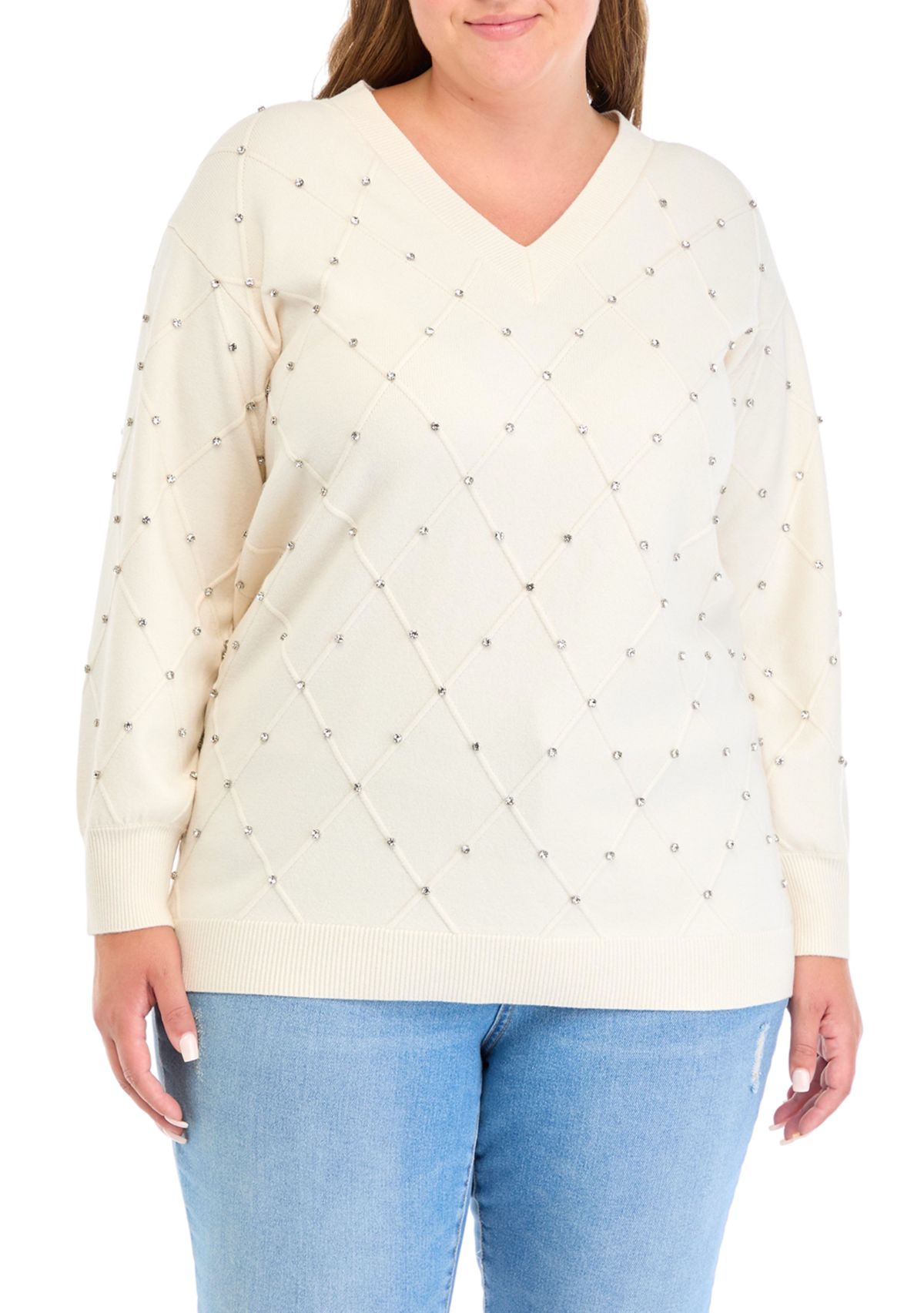 Plus Size Embellished Diamond Stitch V-Neck Sweater 
