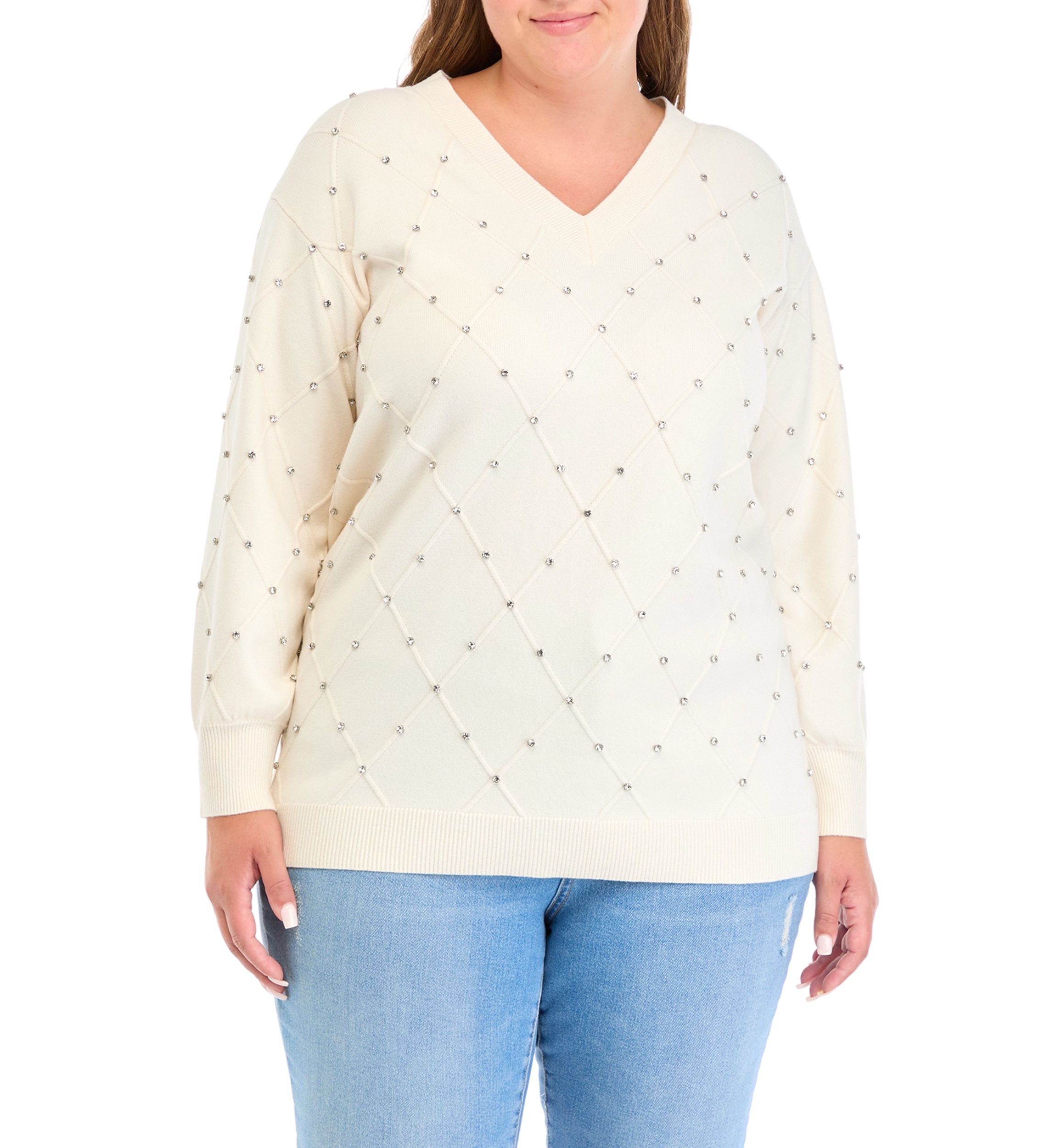 Plus Size Embellished Diamond Stitch V-Neck Sweater 